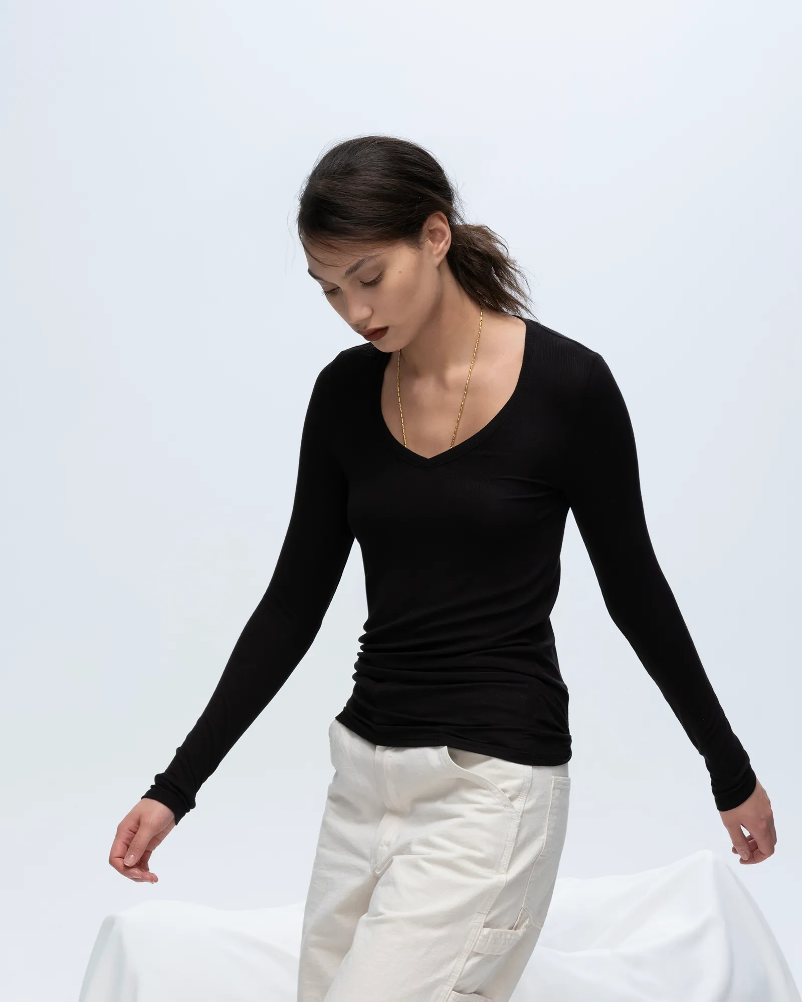Sporty Appeal Modal Rib Long Sleeve V-Neck Tee - Black