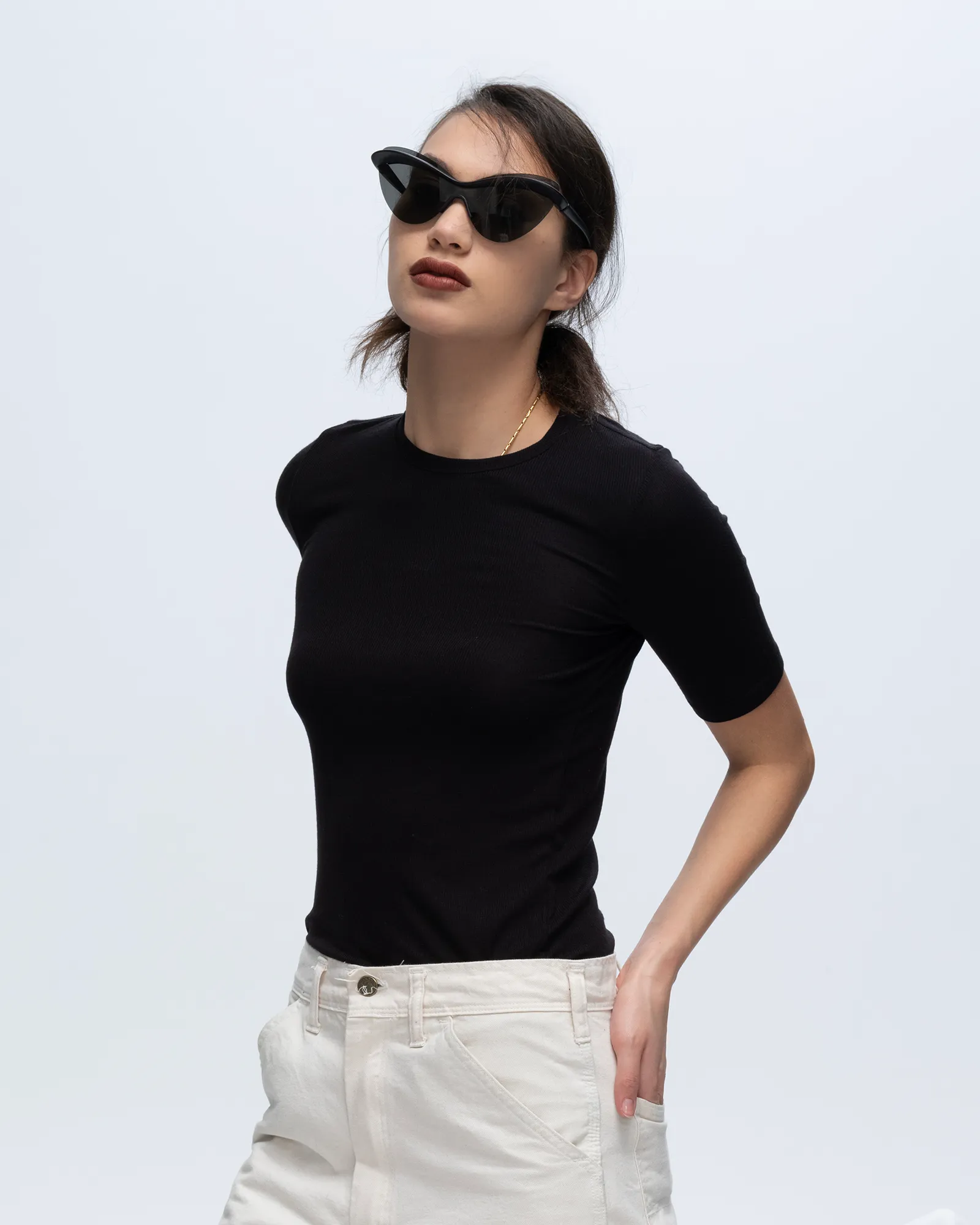 Perfect for Outdoors Autumn coziness Modal Rib Short Sleeve Crew Neck Tee - Black