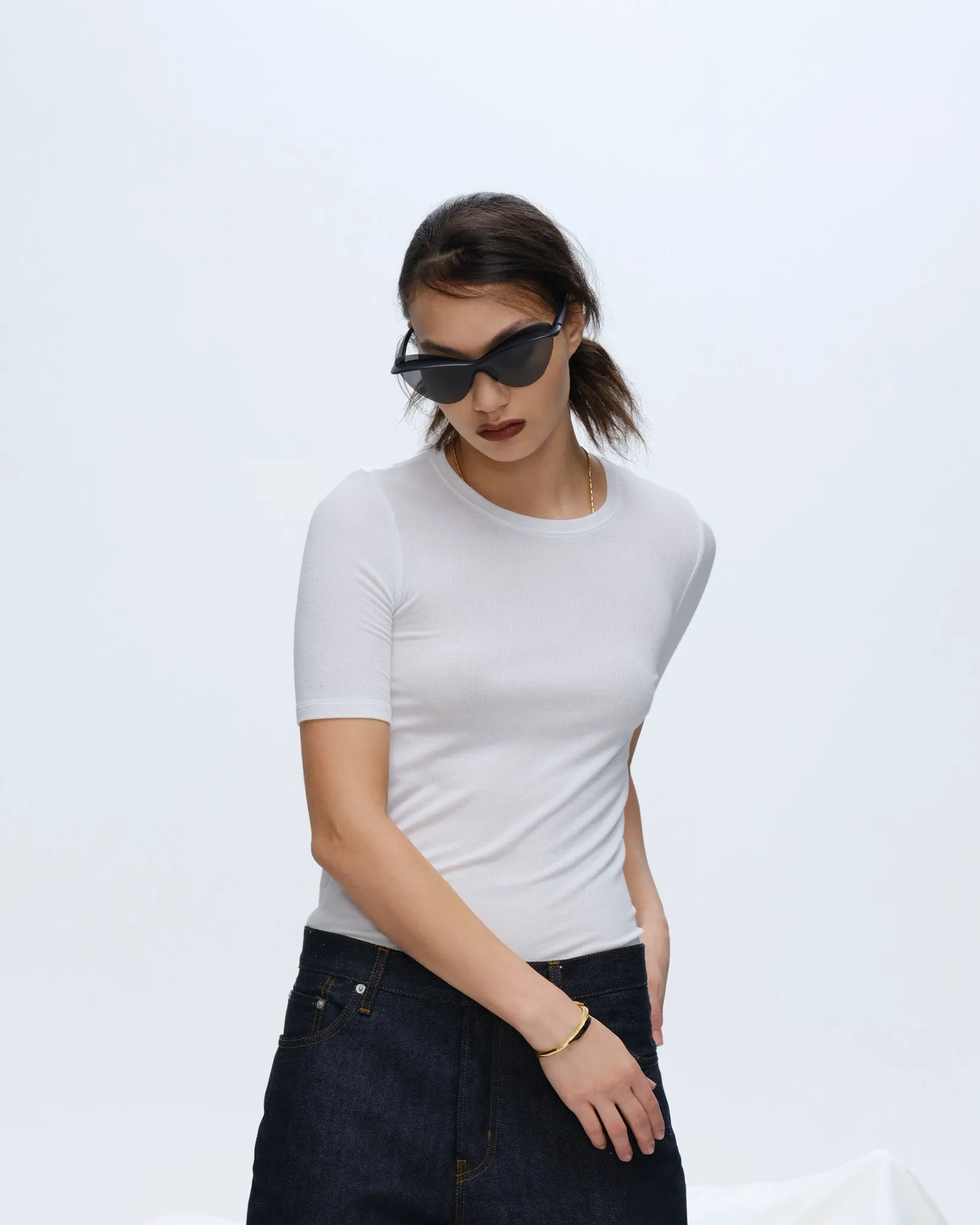 Non Irritating Seams Modal Rib Short Sleeve Crew Neck Tee - White