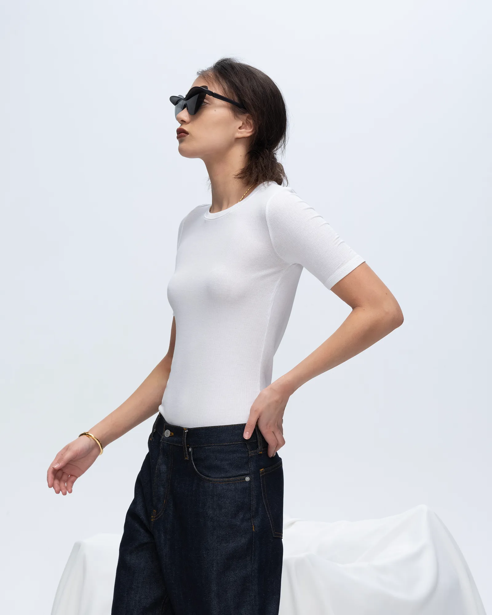 ReinforcedShoulderPanels Cool and Relaxed Modal Rib Short Sleeve Crew Neck Tee - White