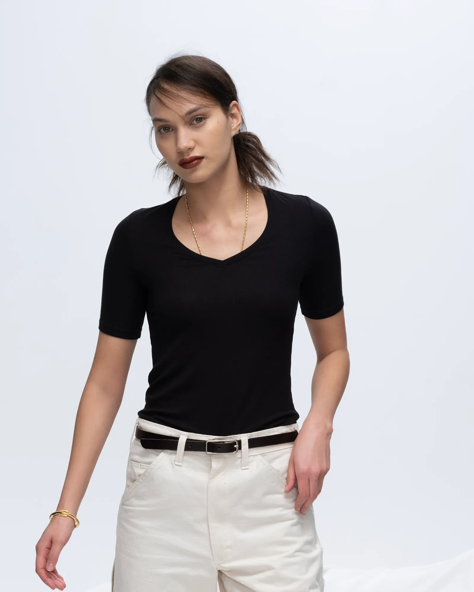 Modal Rib Short Sleeve V-Neck Tee - Black Essential Layer BreathableMeshLining