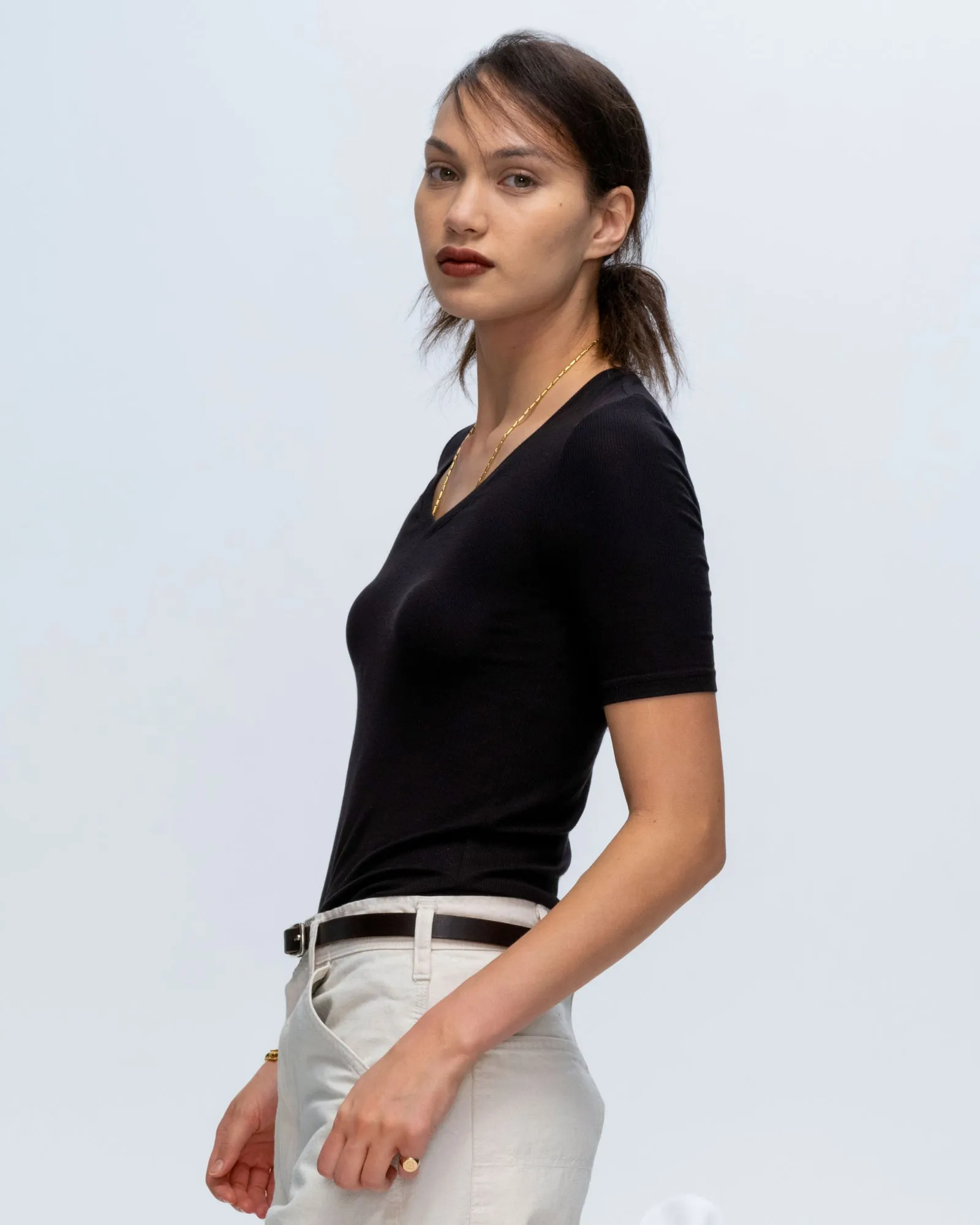 Modal Rib Short Sleeve V-Neck Tee - Black Relaxed Movement Soft touch finish