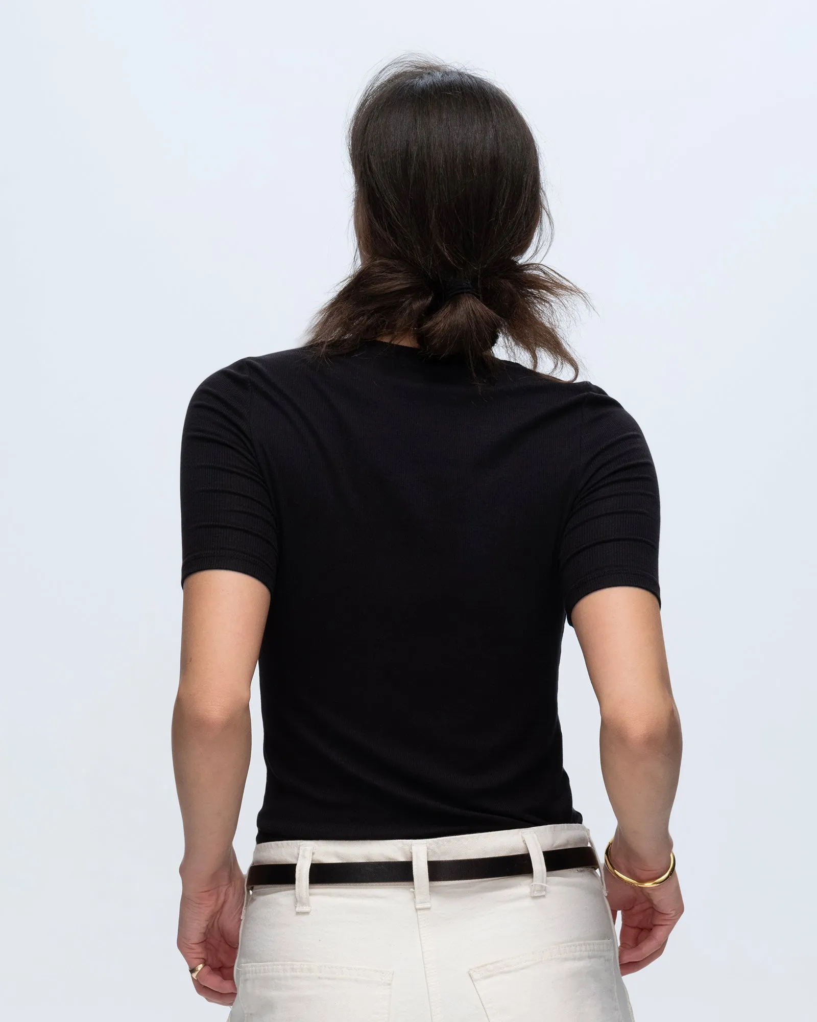 Smooth Jersey Texture Modal Rib Short Sleeve V-Neck Tee - Black