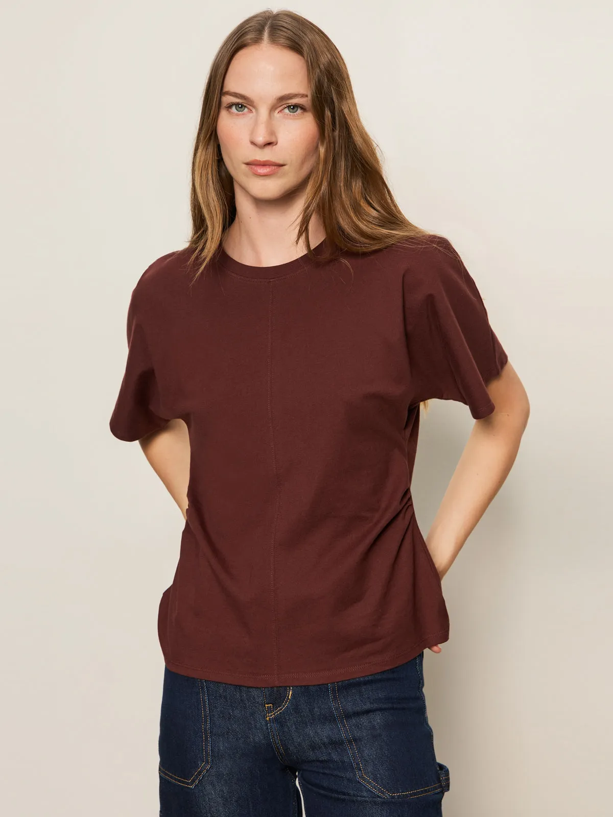 DoubleLayeredCollar right size Shirred Waist Dolman Tee Chicory