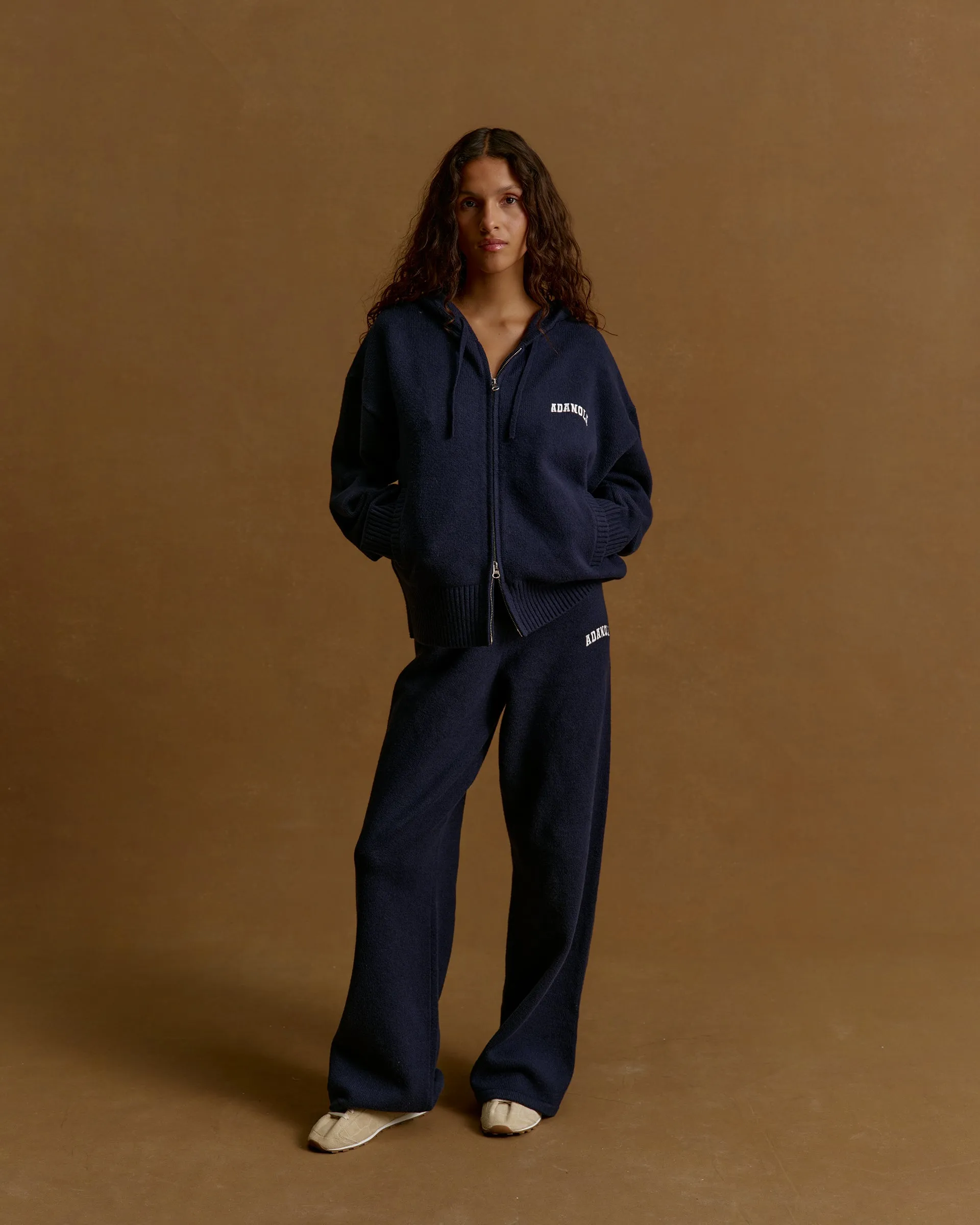 Sleek and Soft Wide fit Varsity Knit Straight Leg Sweatpants - Navy Blue/Marshmallow White