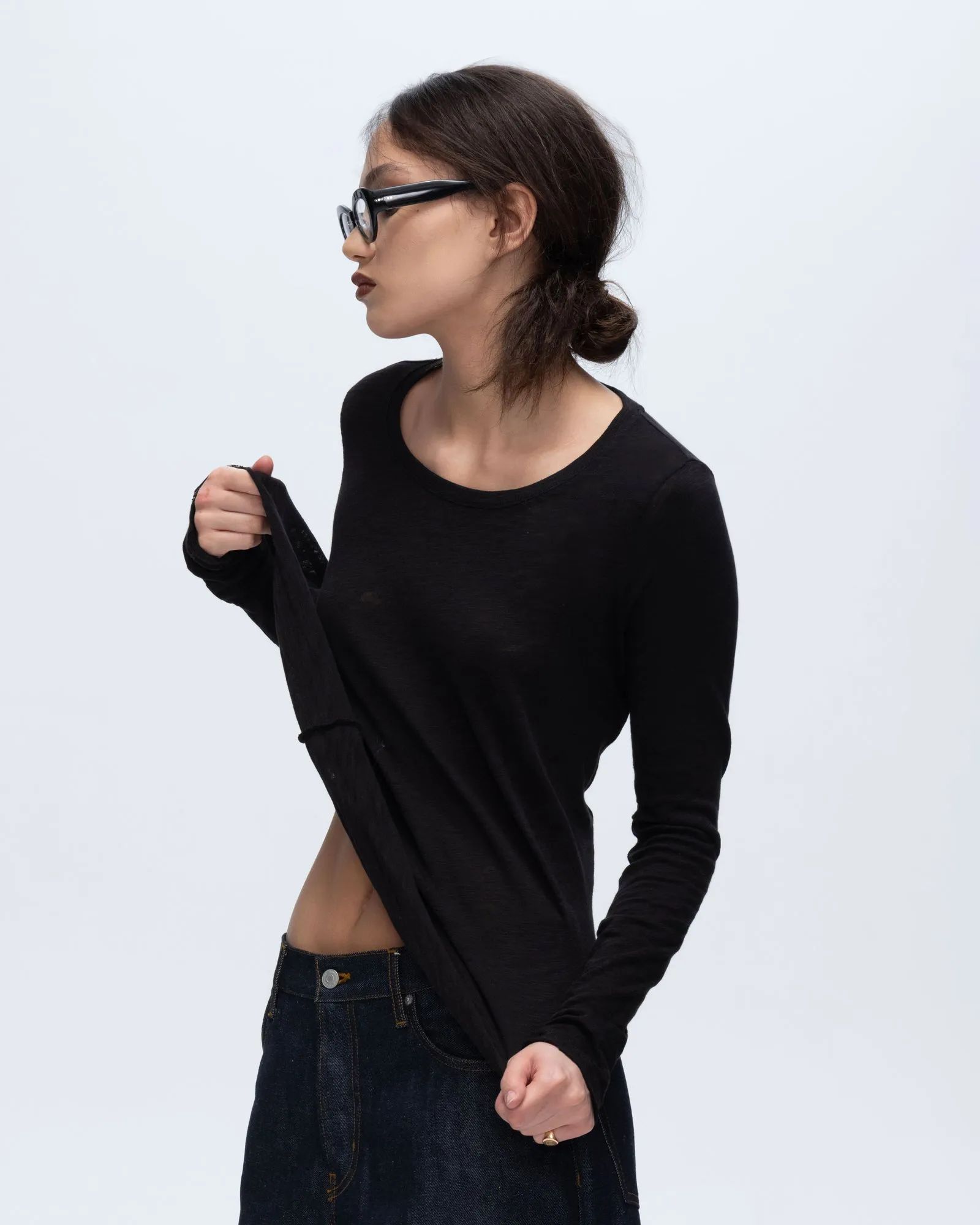 Chic Fit Vintage authenticity Slub Jersey Long Sleeve Destroyed Wash Tee - Black