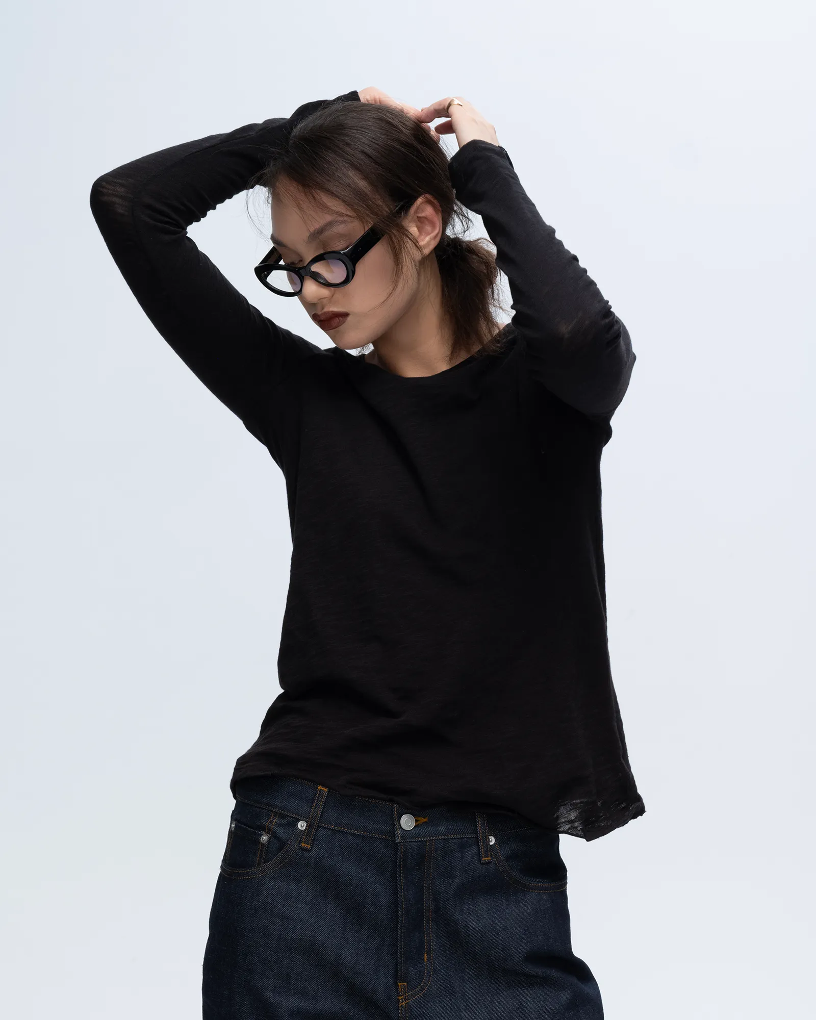 Casual Appeal Comfortable texture Slub Jersey Long Sleeve Destroyed Wash Tee - Black