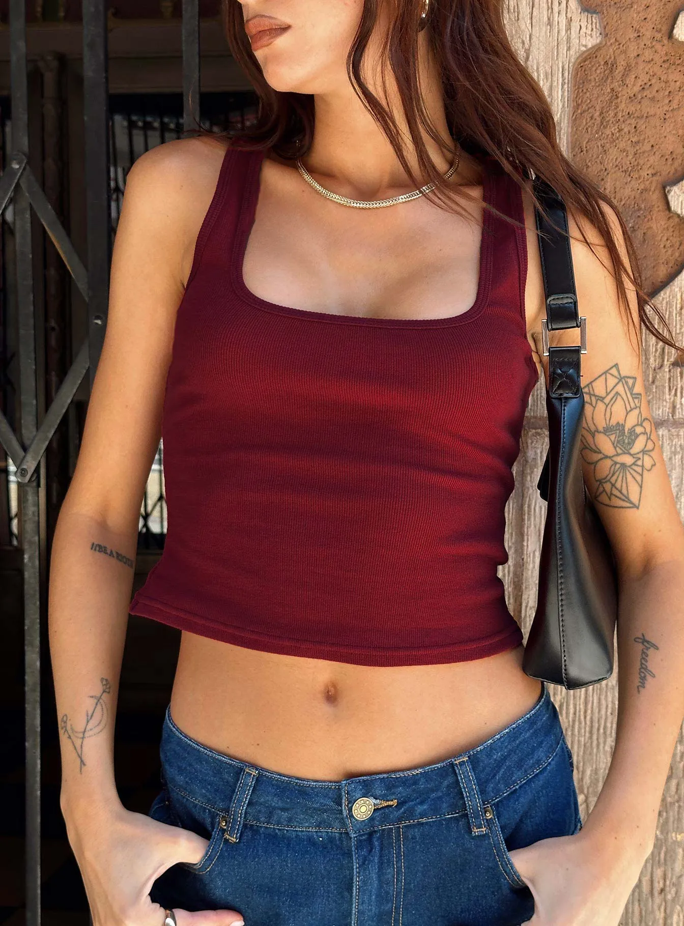 Baseline Square Neck Rib Tank Top Red High Stretch Material