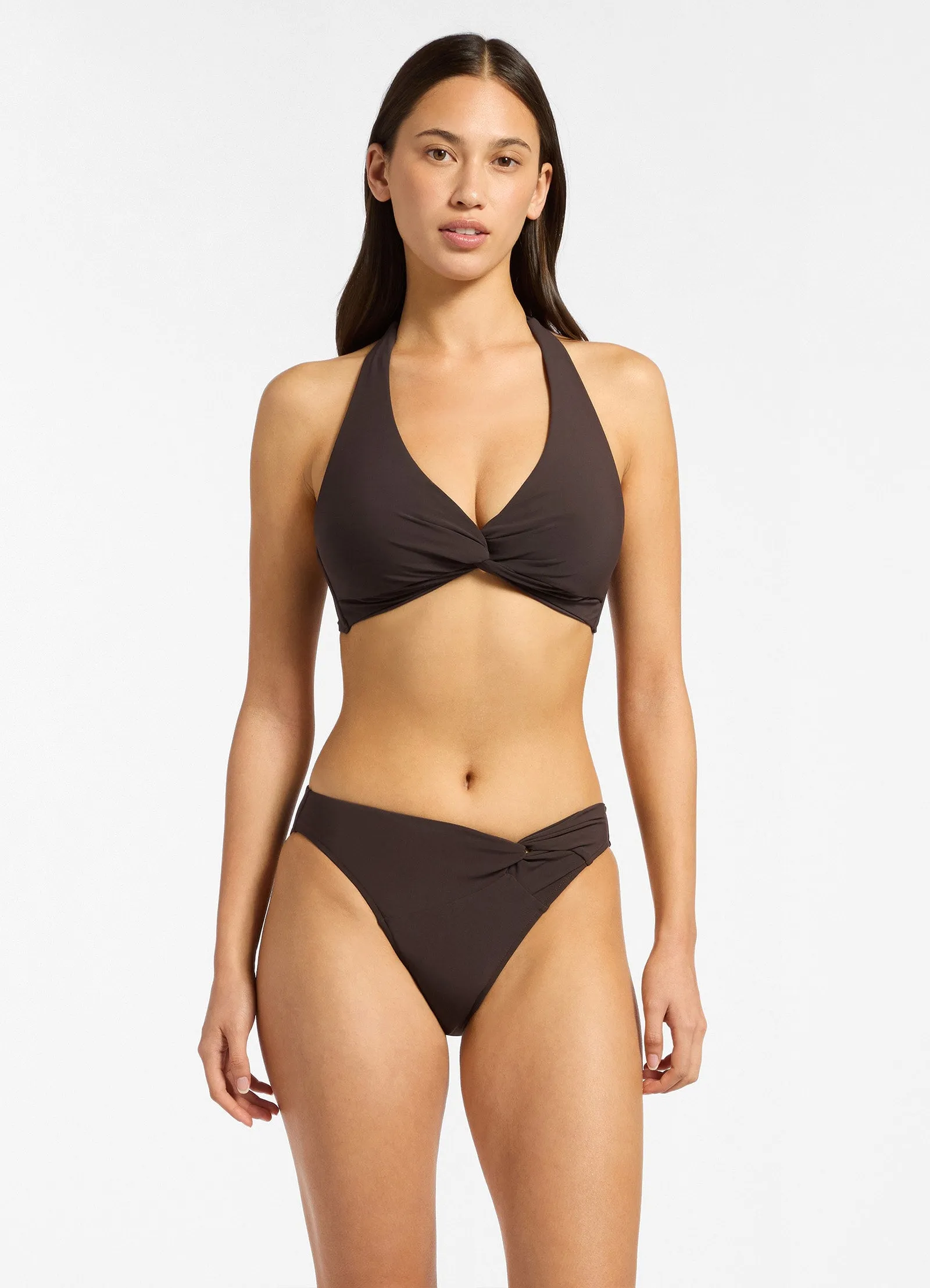 Twist Front Hipster Bikini Bottom - Chocolate Breathable Mesh Panels High Elastic Waistband