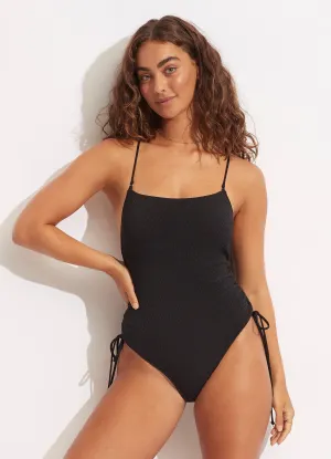 Sea Dive Scoop Neck Drawstring Side One Piece - Black Non Irritating Stitching Flattering-Cut