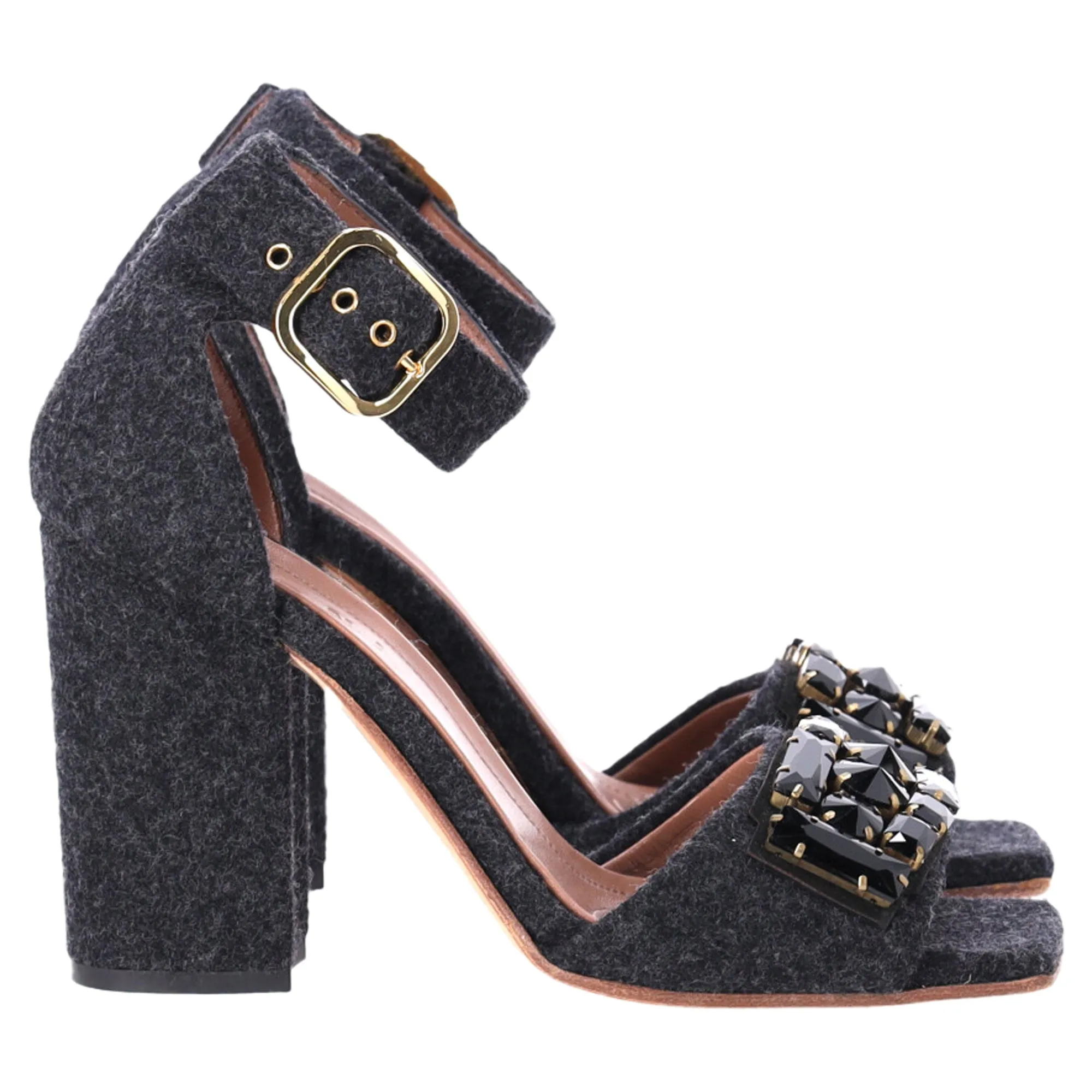 Marni Felt Crystal Embellished Ankle Strap Sandals in Grey Wool Satin Pumps Beaded