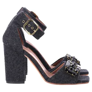 Marni Felt Crystal Embellished Ankle Strap Sandals in Grey Wool Satin Pumps Beaded