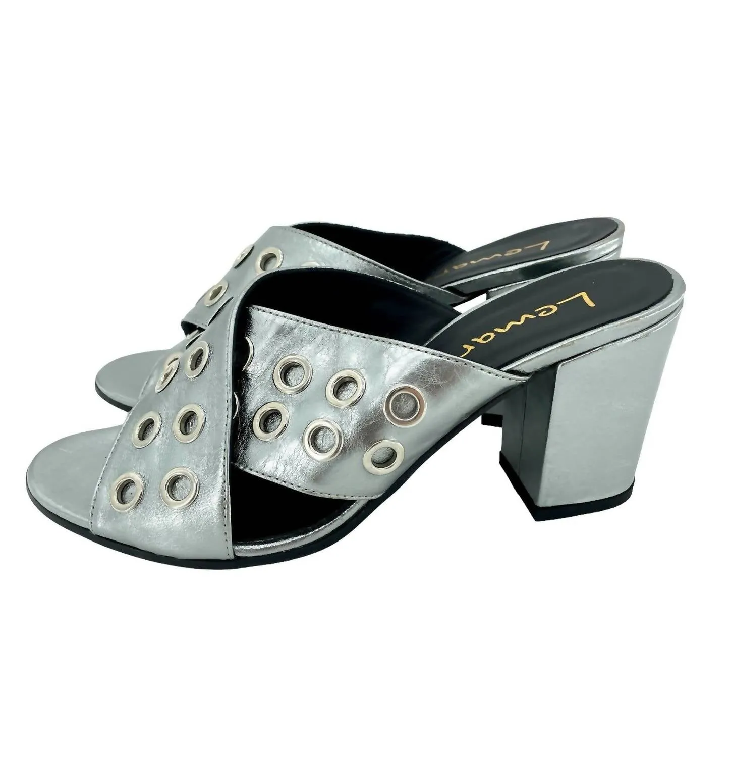 Comfortable Padding Women's Metallic Cross Grommet Block Heel Sandals In Pewter