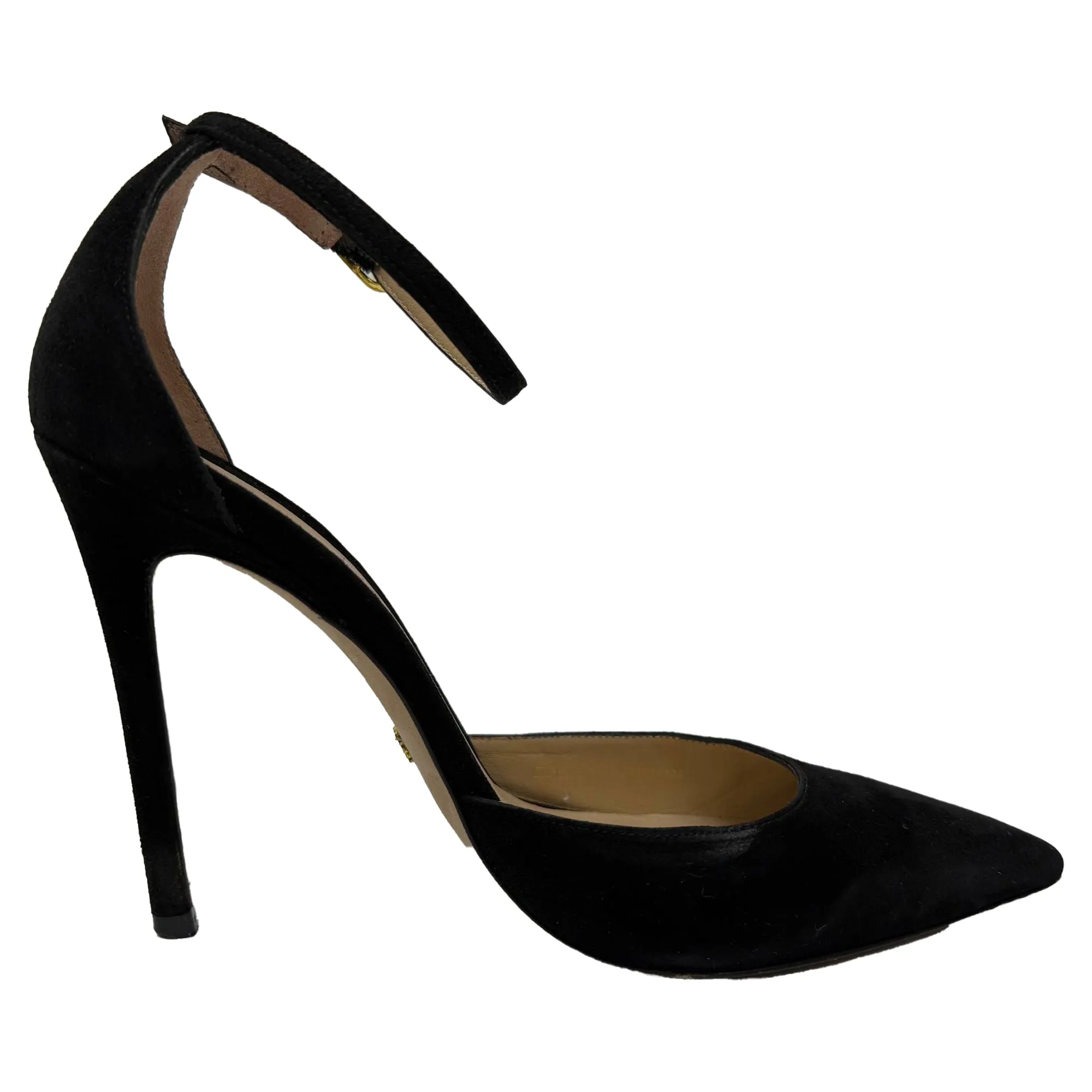 Stuart Weitzman Stuart Ankle Strap Pumps in Black Suede Bold Detail Simple Accent