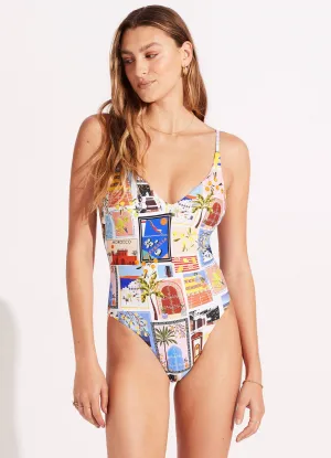 On Vacation V Neck One Piece - Azure Holiday Adventure