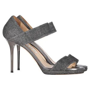 Jimmy Choo Closed Heel Tab Sandals in Metallic Silver Polyester Leather