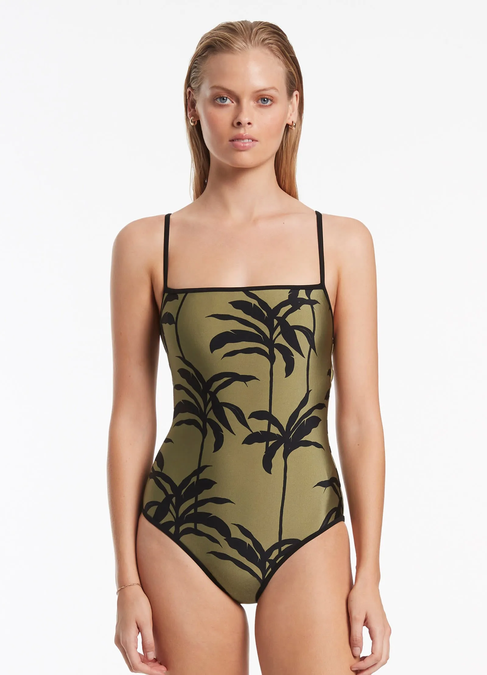 Sporty Look Pastel-Shade Palme Minimal Tank One Piece - Olive