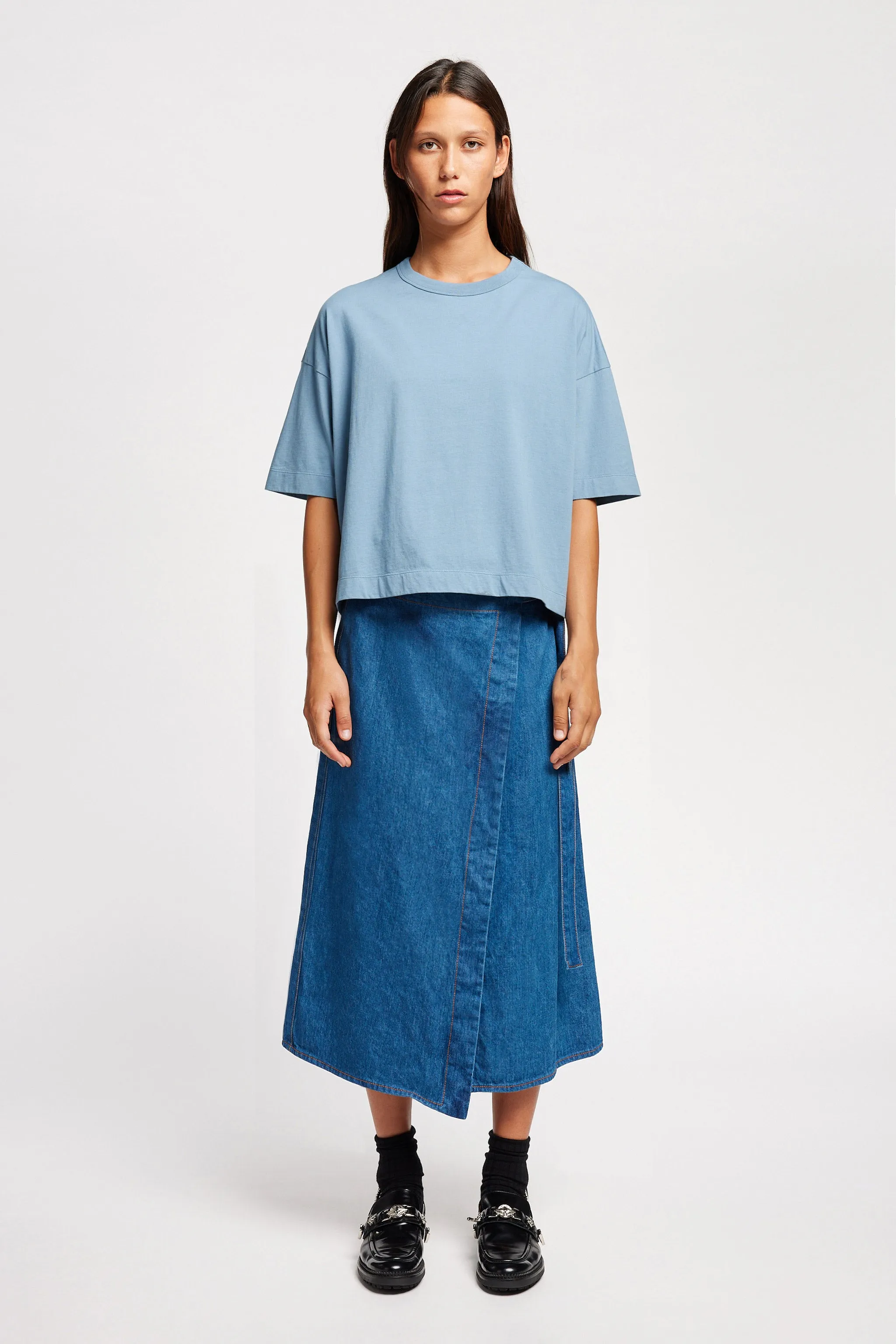 birthday party Parity Denim Wrap Skirt Mid Wash Denim