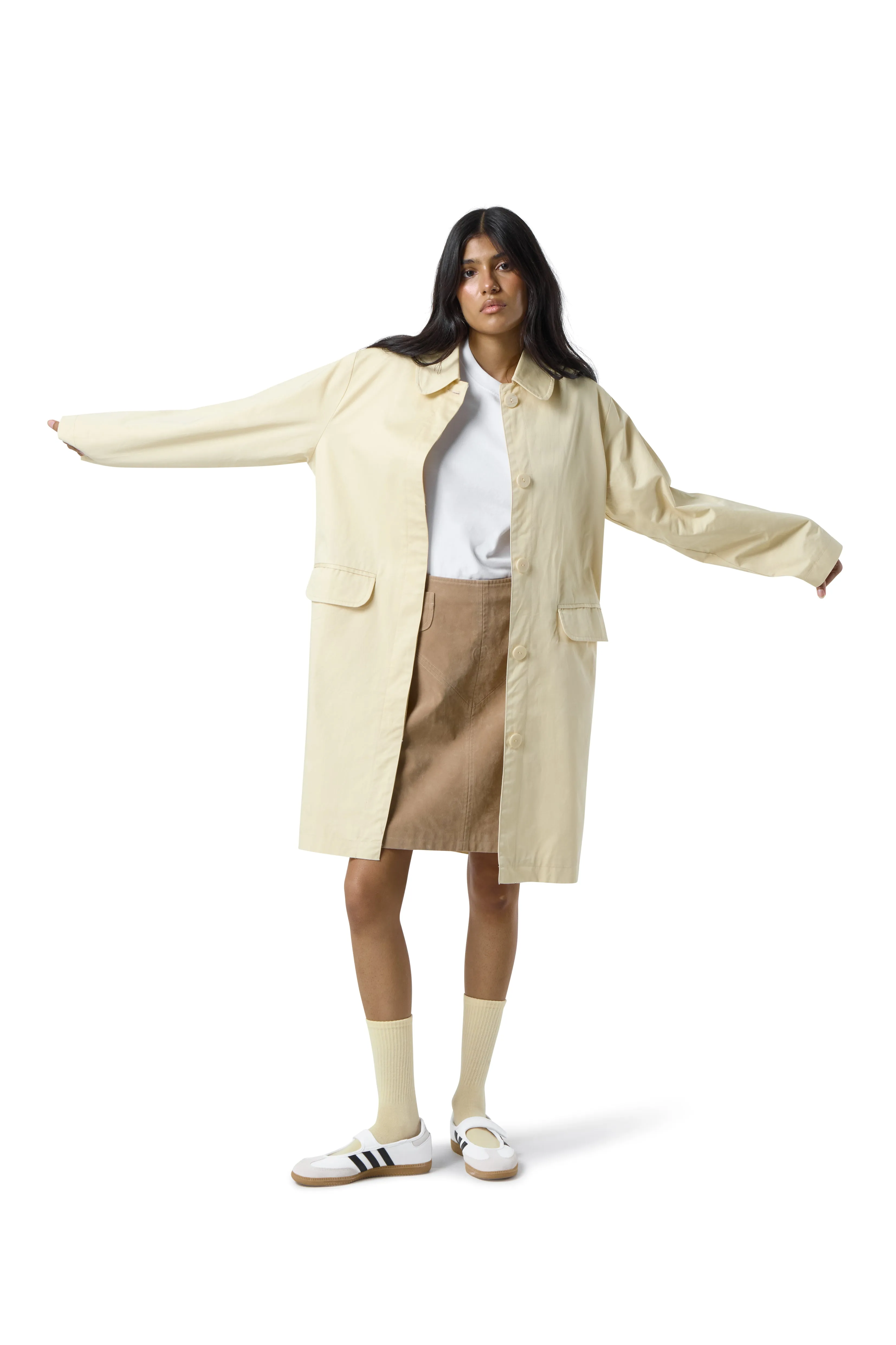Patter Trench Coat in Butter Yellow Easy Care Material Stretchable Fabric
