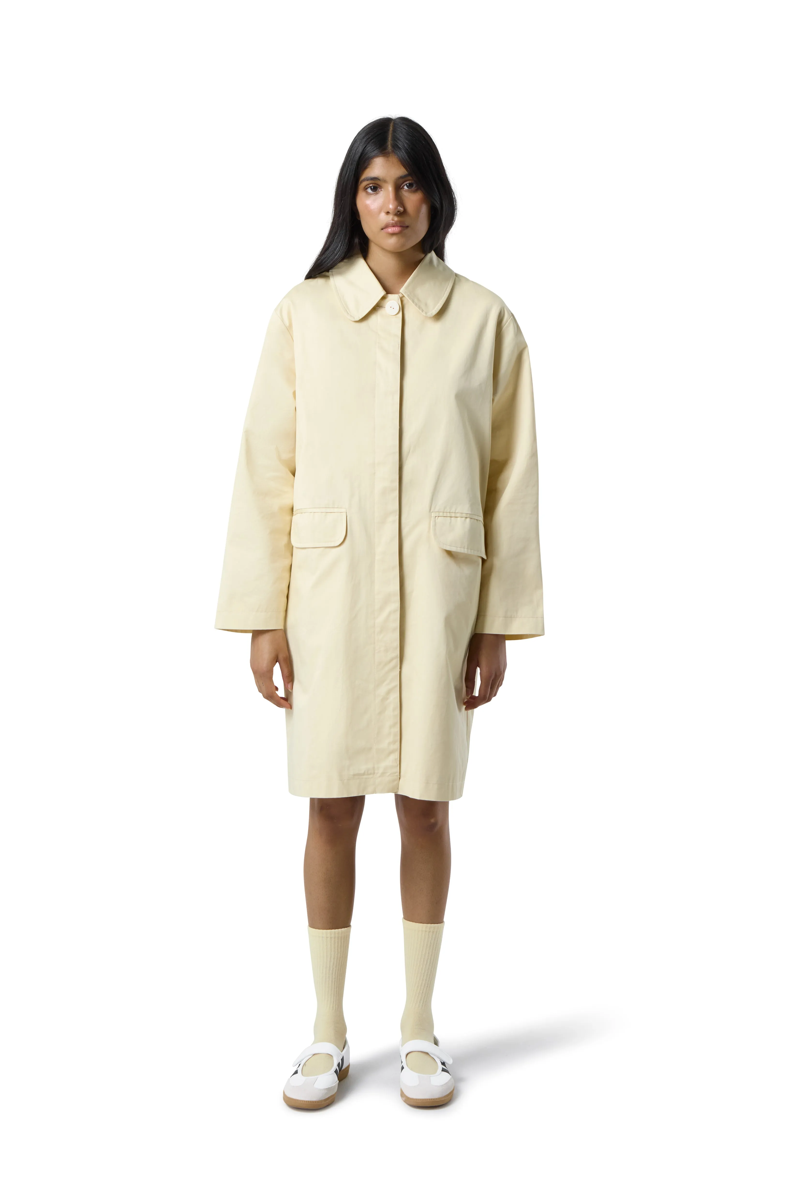 Patter Trench Coat in Butter Yellow Micro Perforated Panels Crisp Weather Fit