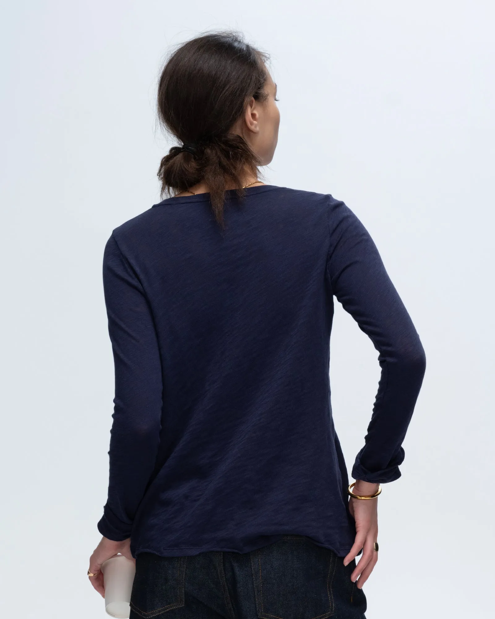 Slub Jersey Long Sleeve Destroyed Wash Tee - Midnight Embroidered Details Weekend Wardrobe