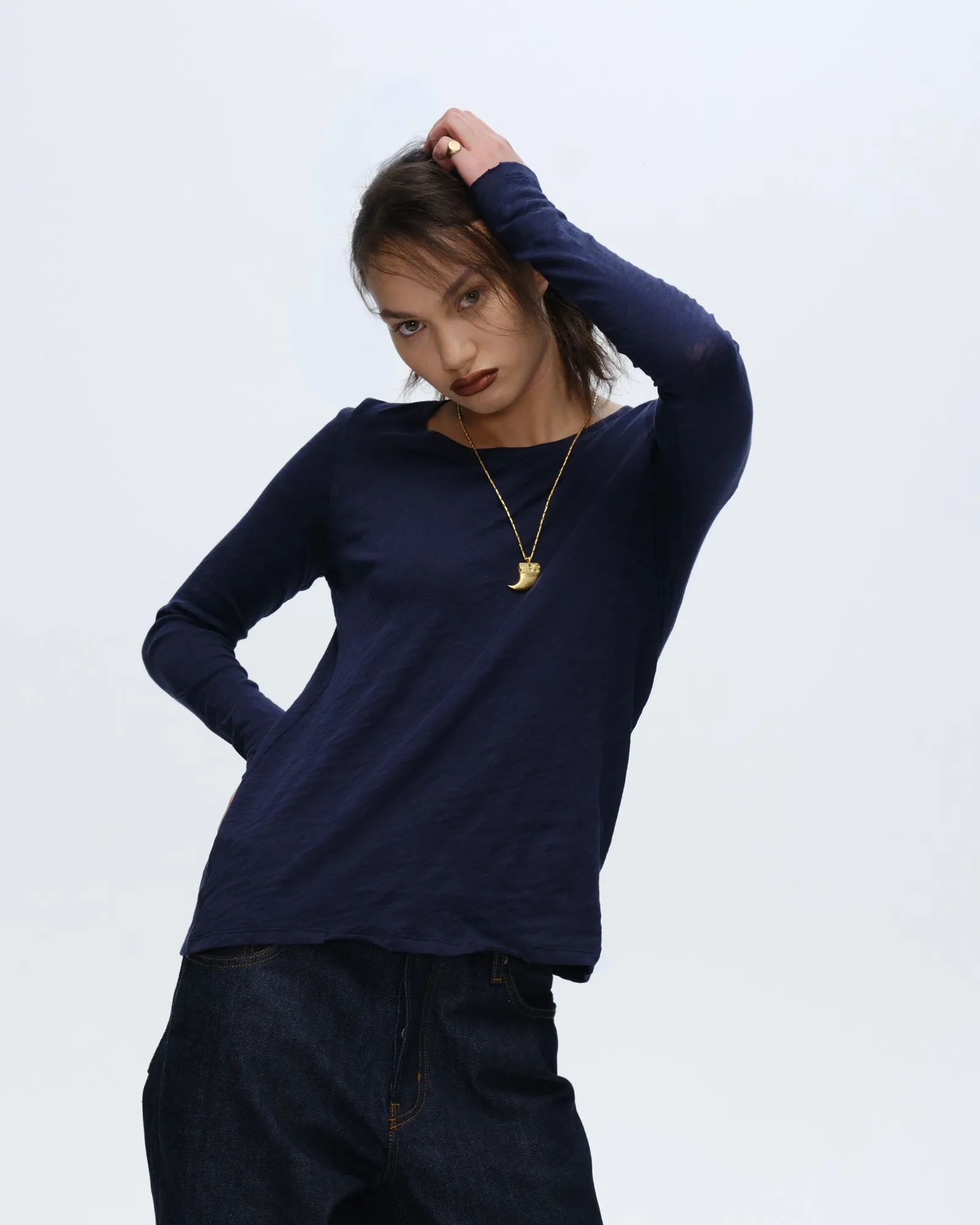 Slub Jersey Long Sleeve Destroyed Wash Tee - Midnight LayeredHemDetails