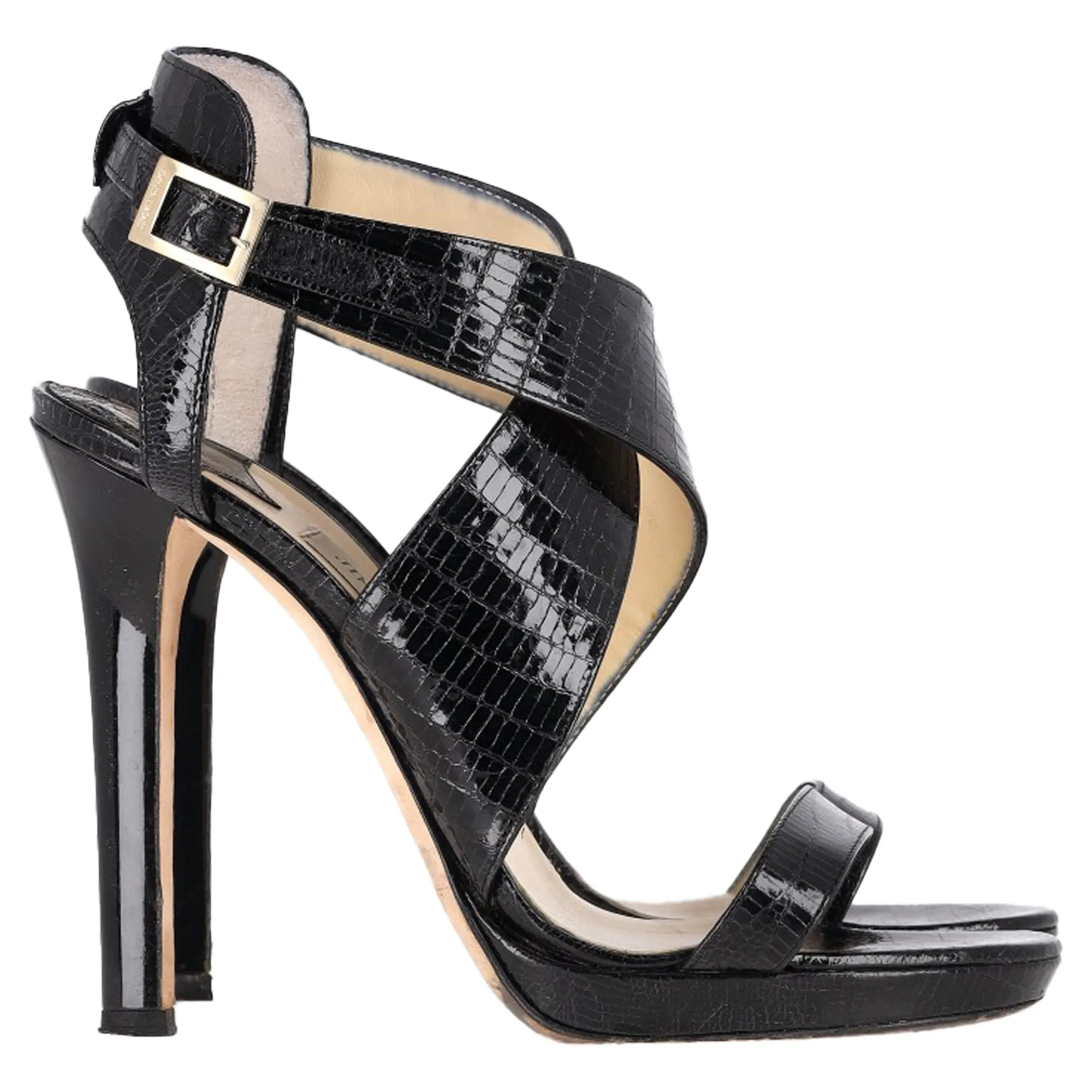 Jimmy Choo Cross-Strap Sandal Heels in Black Patent Leather Stylish Footwear