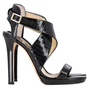 Jimmy Choo Cross-Strap Sandal Heels in Black Patent Leather Stylish Footwear