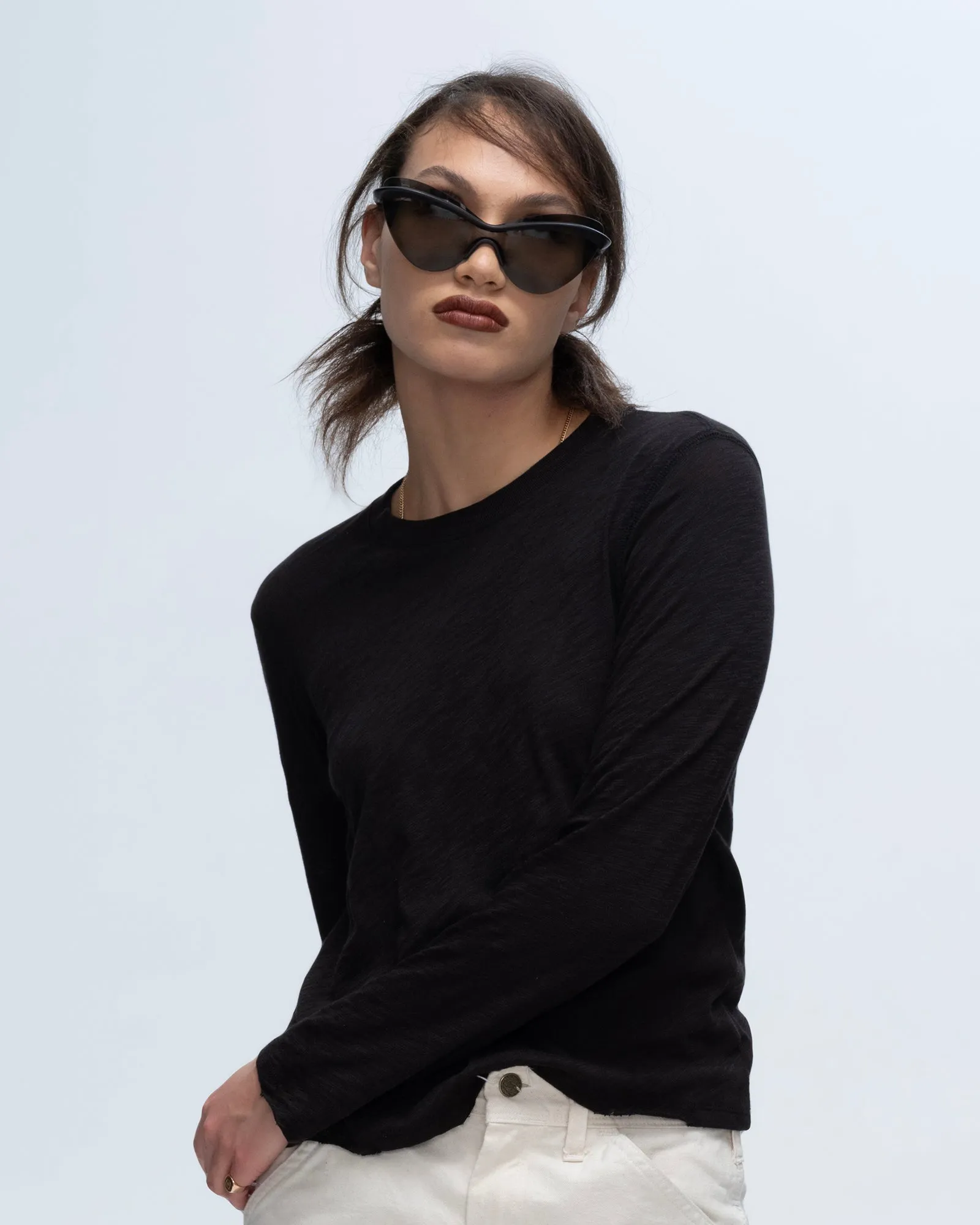 Slub Jersey Long Sleeve Destroyed Wash Crop Tee - Black SeamlessConstruction