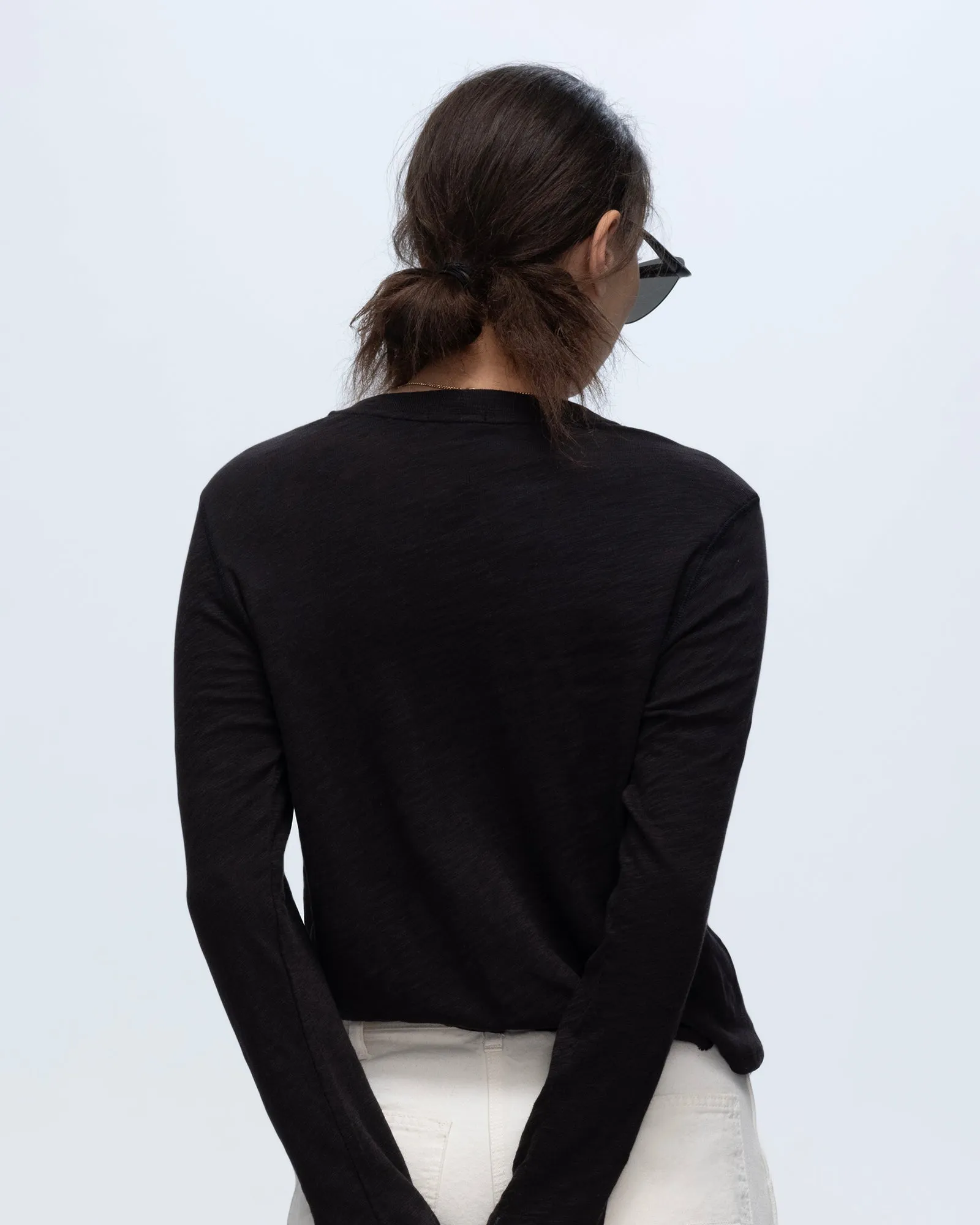 DoubleLayeredCollar Slub Jersey Long Sleeve Destroyed Wash Crop Tee - Black