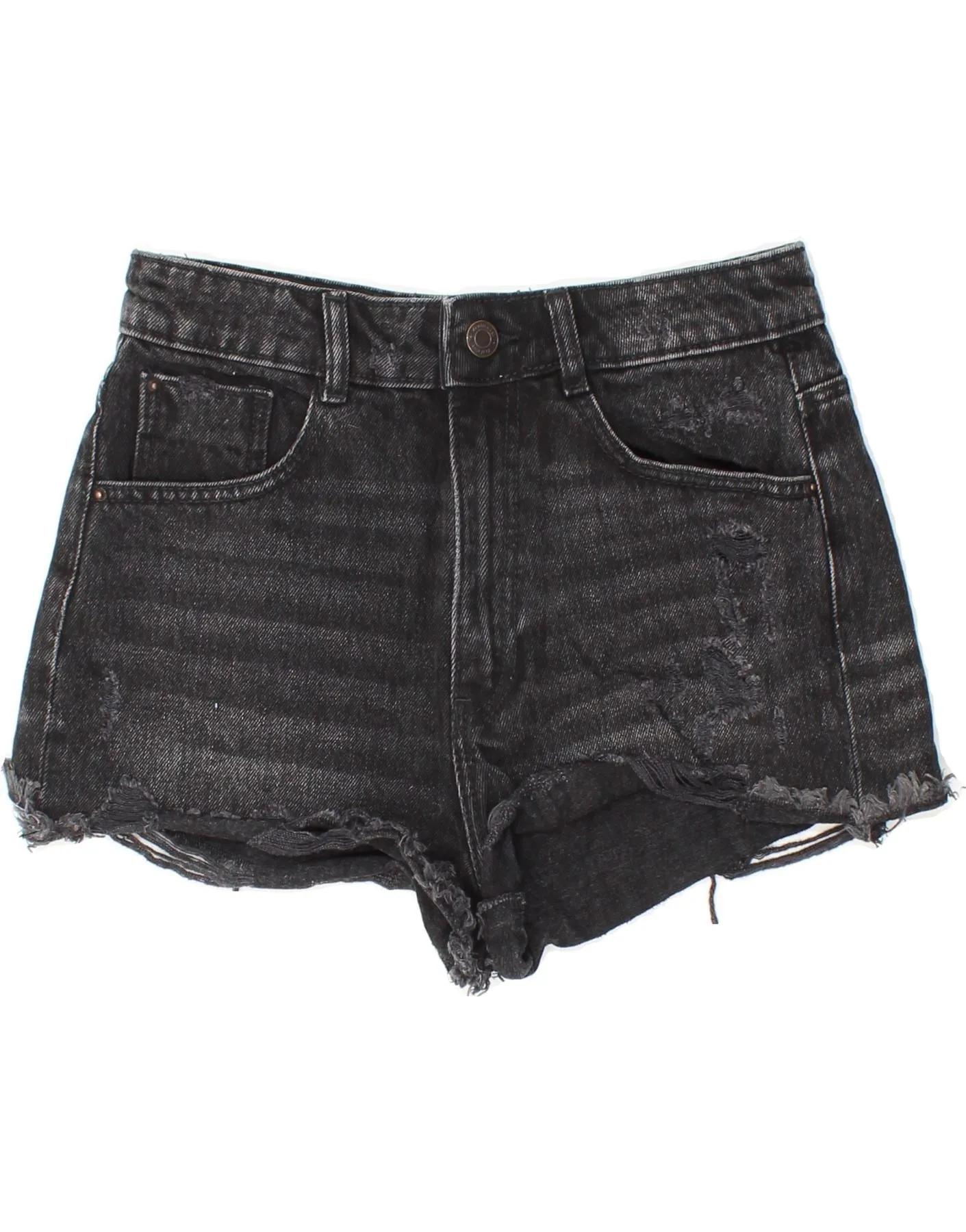 ZARA Womens Distressed Denim Hot Pants EU 36 XS W26 Black Cotton Effortless Style Refined Aesthetic