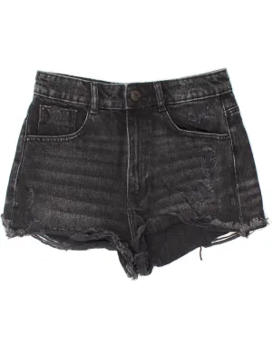 ZARA Womens Distressed Denim Hot Pants EU 36 XS W26 Black Cotton Effortless Style Refined Aesthetic