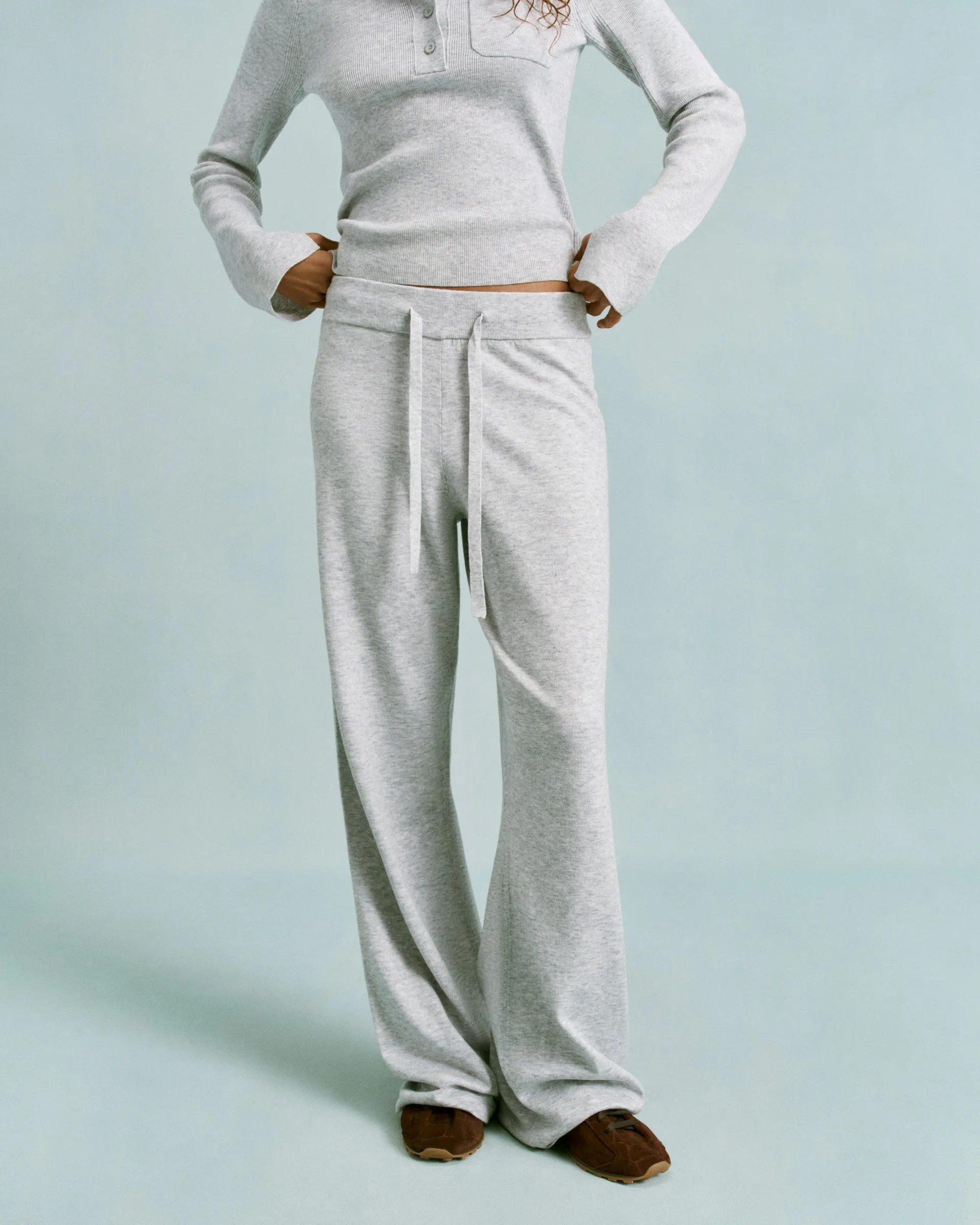 Knit Straight Leg Trousers - Light Grey Melange Quick-Dry Fabric
