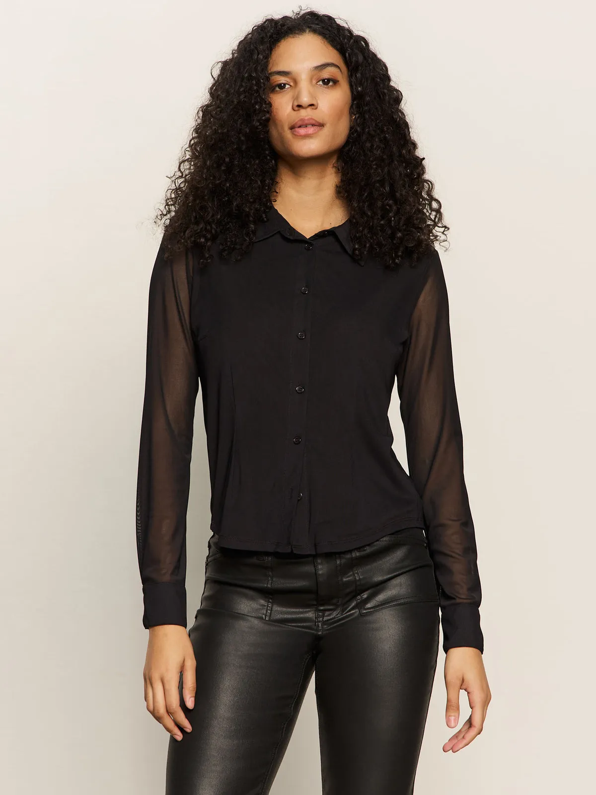 Casual Day Wear Fit for Everyone Fitted Mesh Button Down Top Black