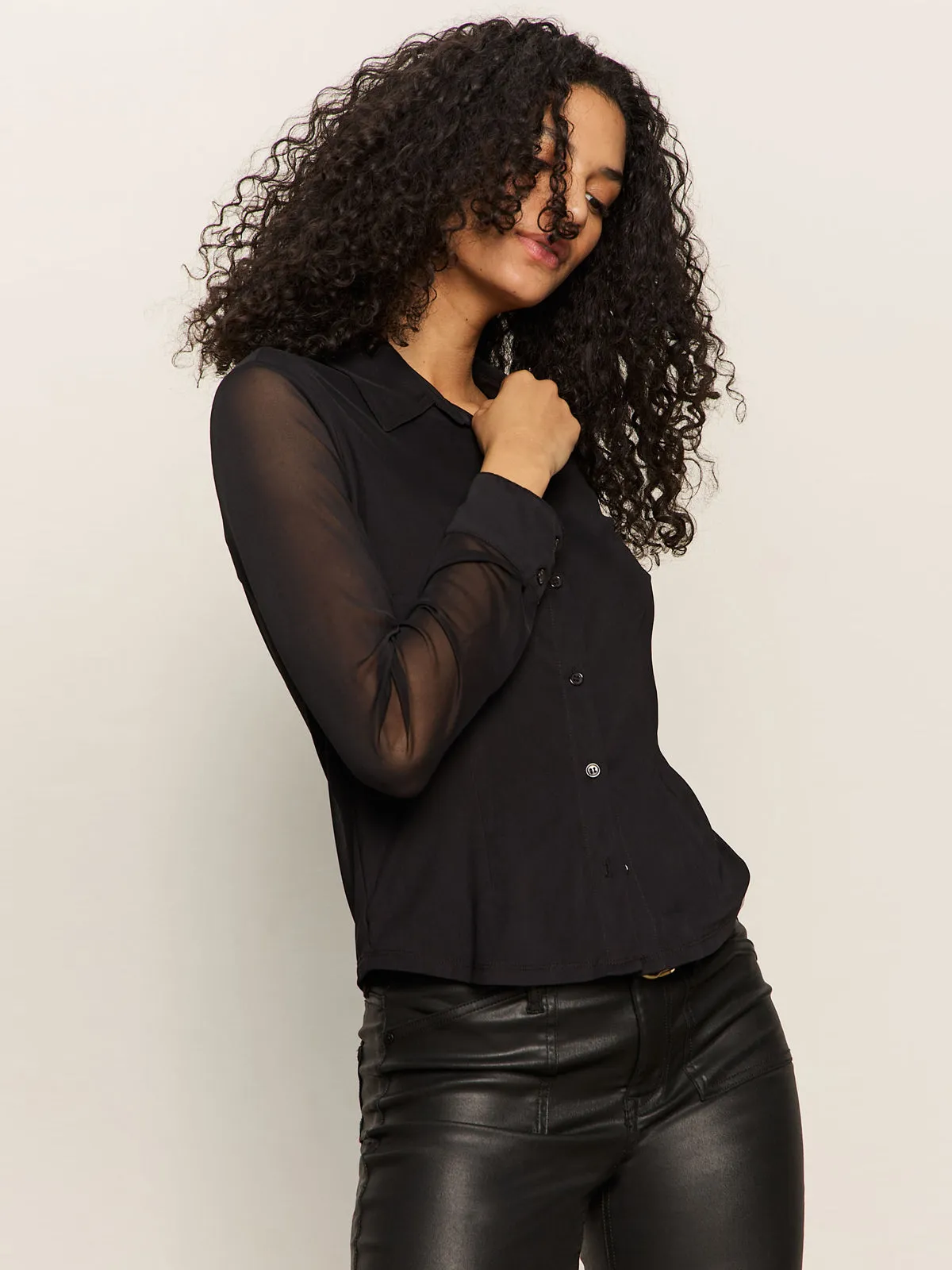 Circular Knit Construction Fitted Mesh Button Down Top Black
