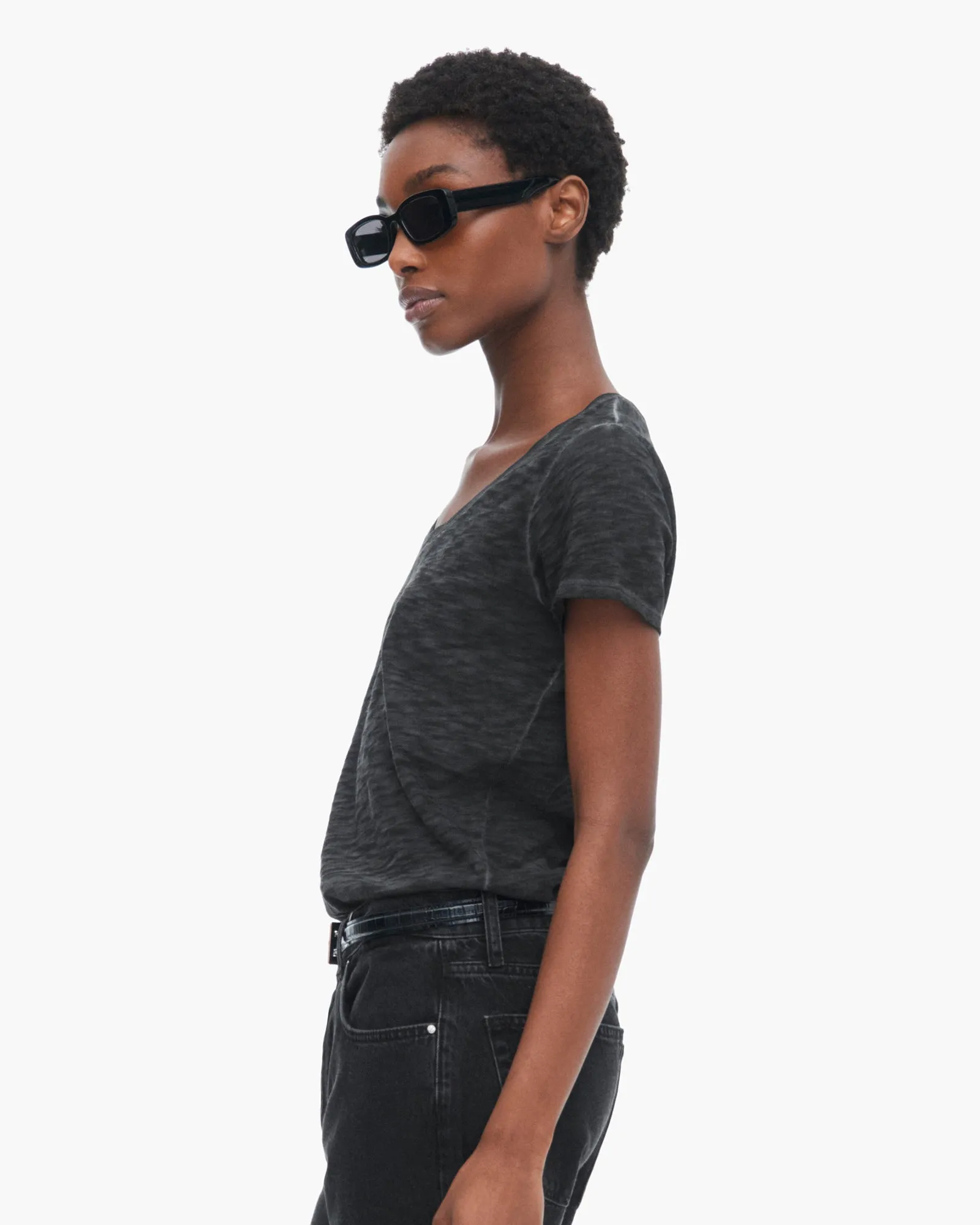 Sublime Wash Slub Jersey Schoolboy V-Neck Tee - Black birthday party light layering