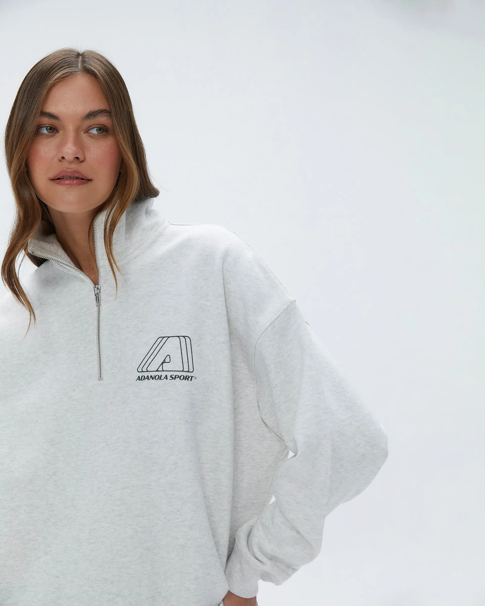 "A" Oversized Funnel Neck Zip Sweatshirt - Light Grey Melange/Dark Olive perfect for anniversaries
