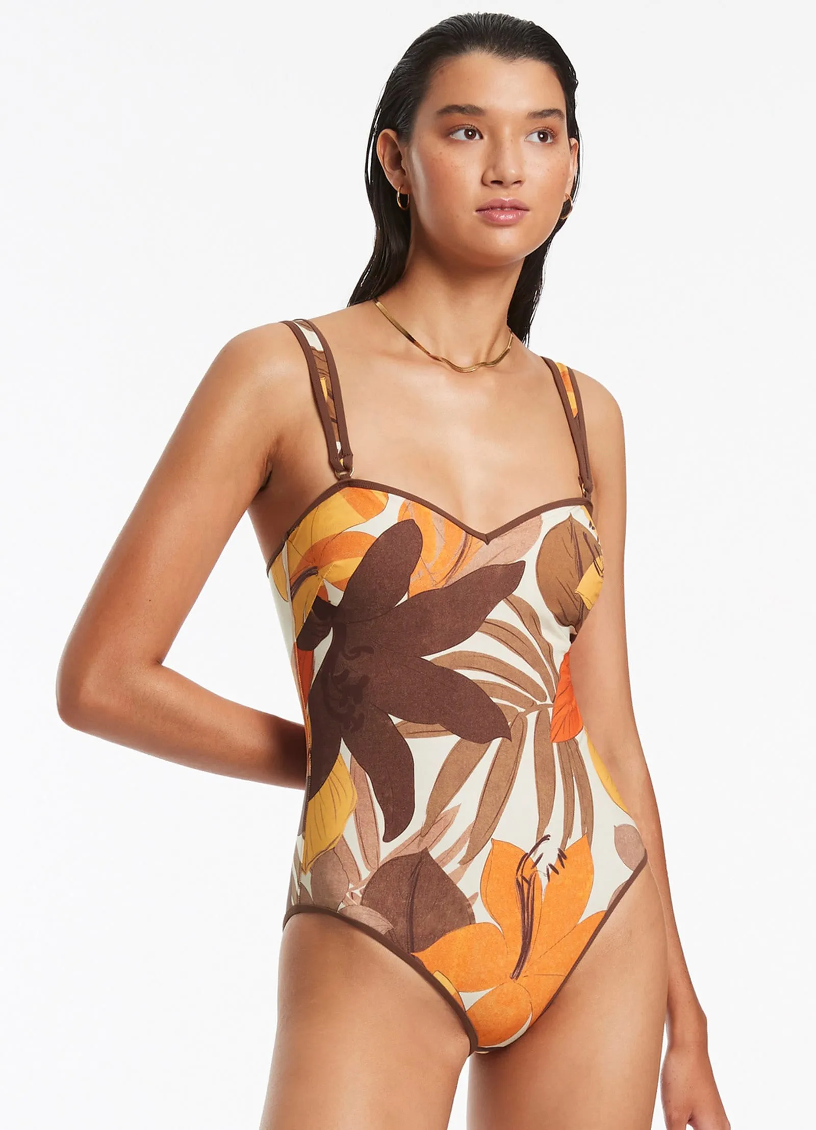 Sandy Shores Floreale Trim Tank One Piece - Latte