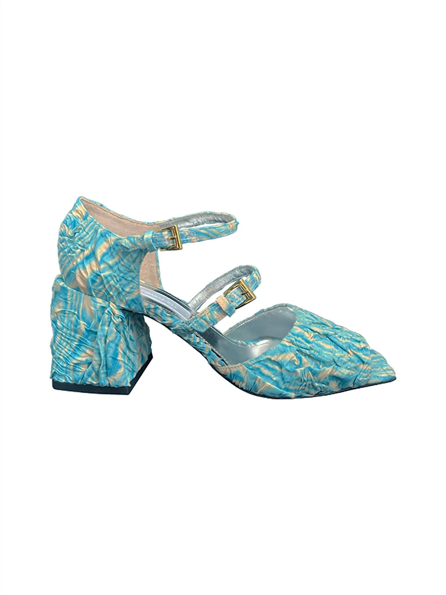 Breathable Upper Women's Demi Toe Double Mary Jane Heels In Aqua Plisse