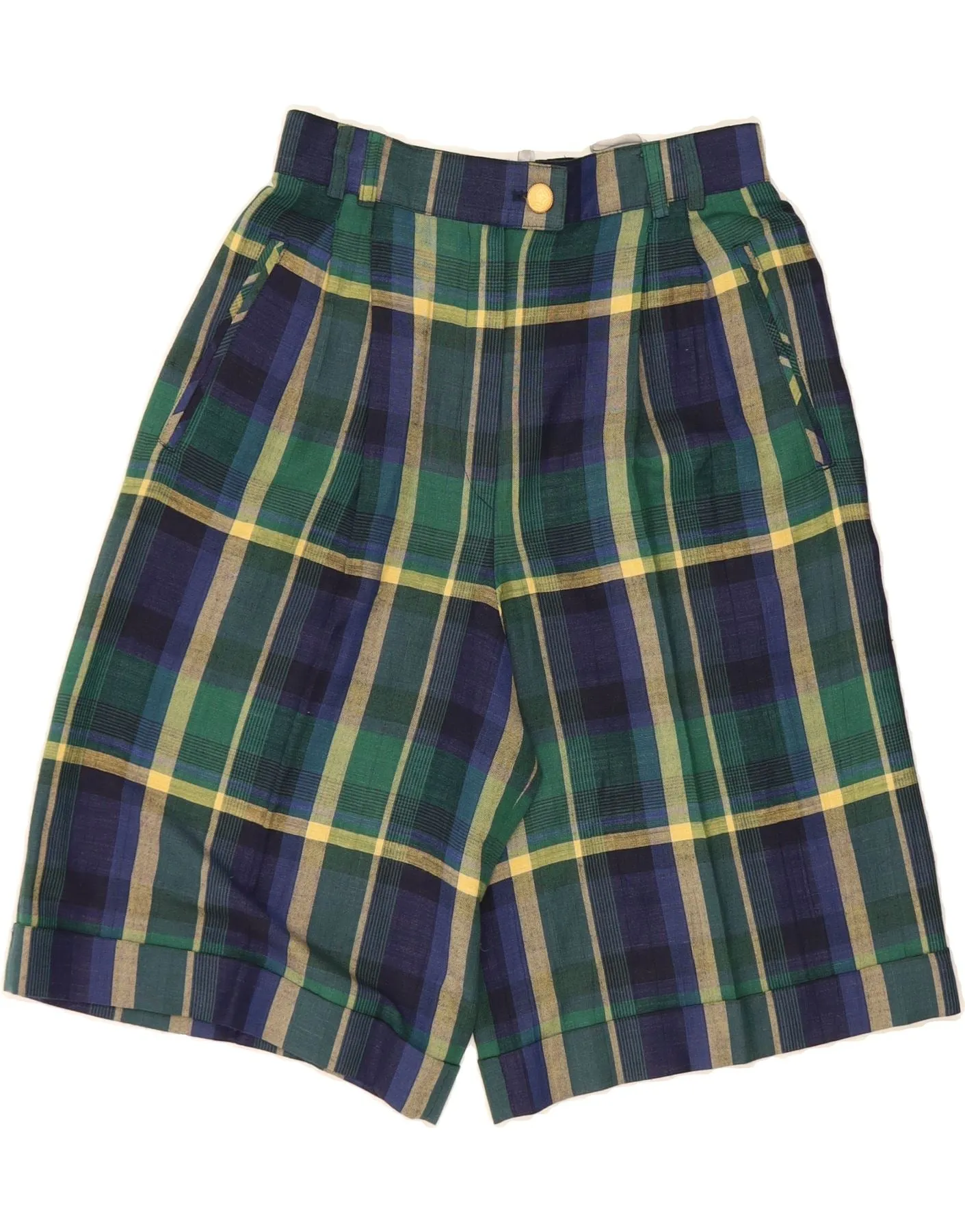 RAVENS Womens High Waist Chino Shorts UK 10 Small W27  Green Check Viscose Fade Resistant Formula