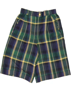 RAVENS Womens High Waist Chino Shorts UK 10 Small W27  Green Check Viscose Fade Resistant Formula