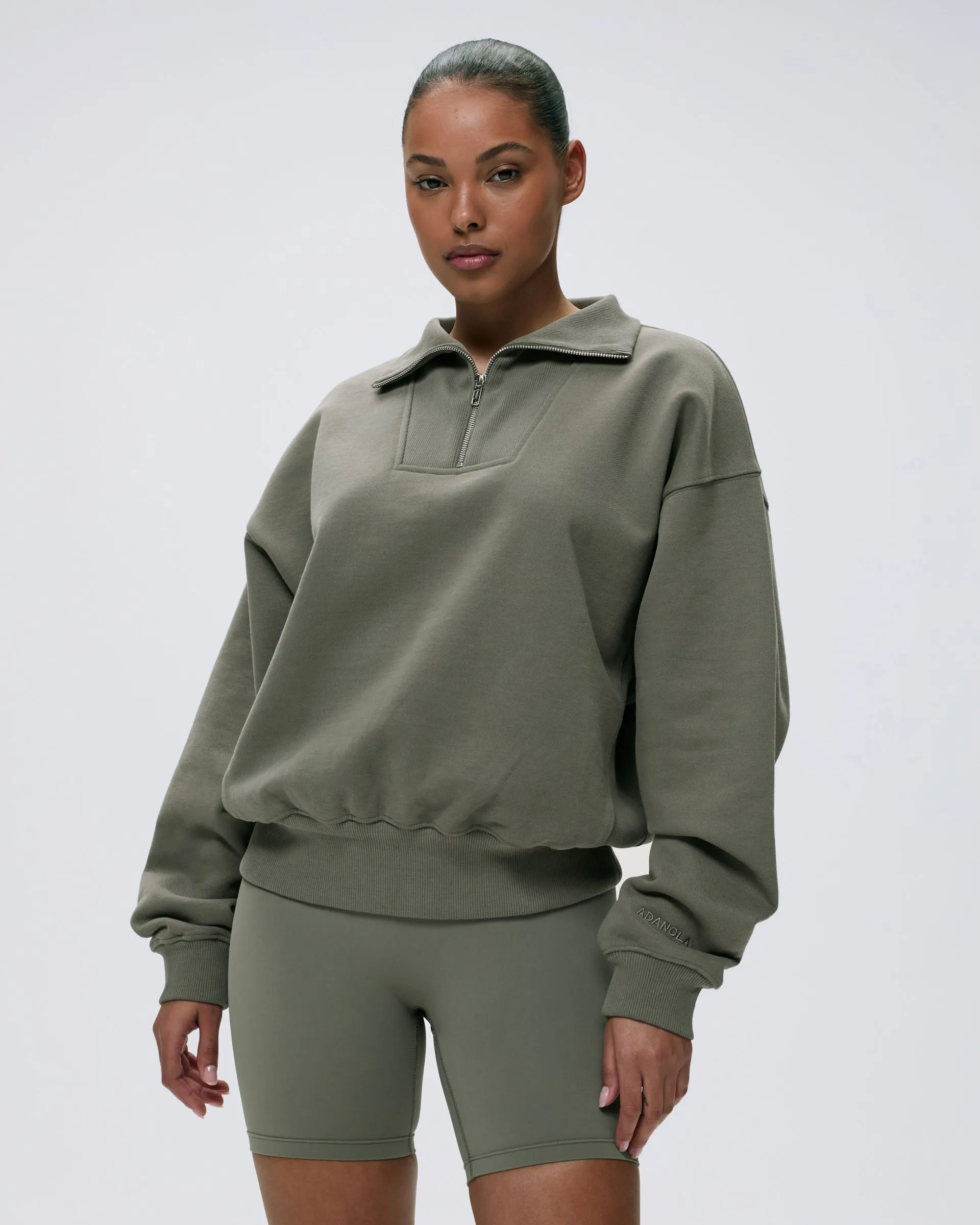 Essential Comfort Relaxed Funnel Neck Zip Sweatshirt - Olive Green