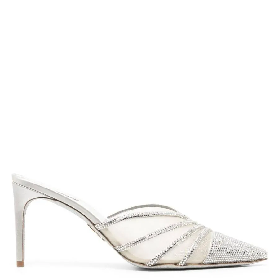 Rene Caovilla Emily Rhinestone Mesh Pointed-Toe Mules Runway Style Luxury Leather Pumps