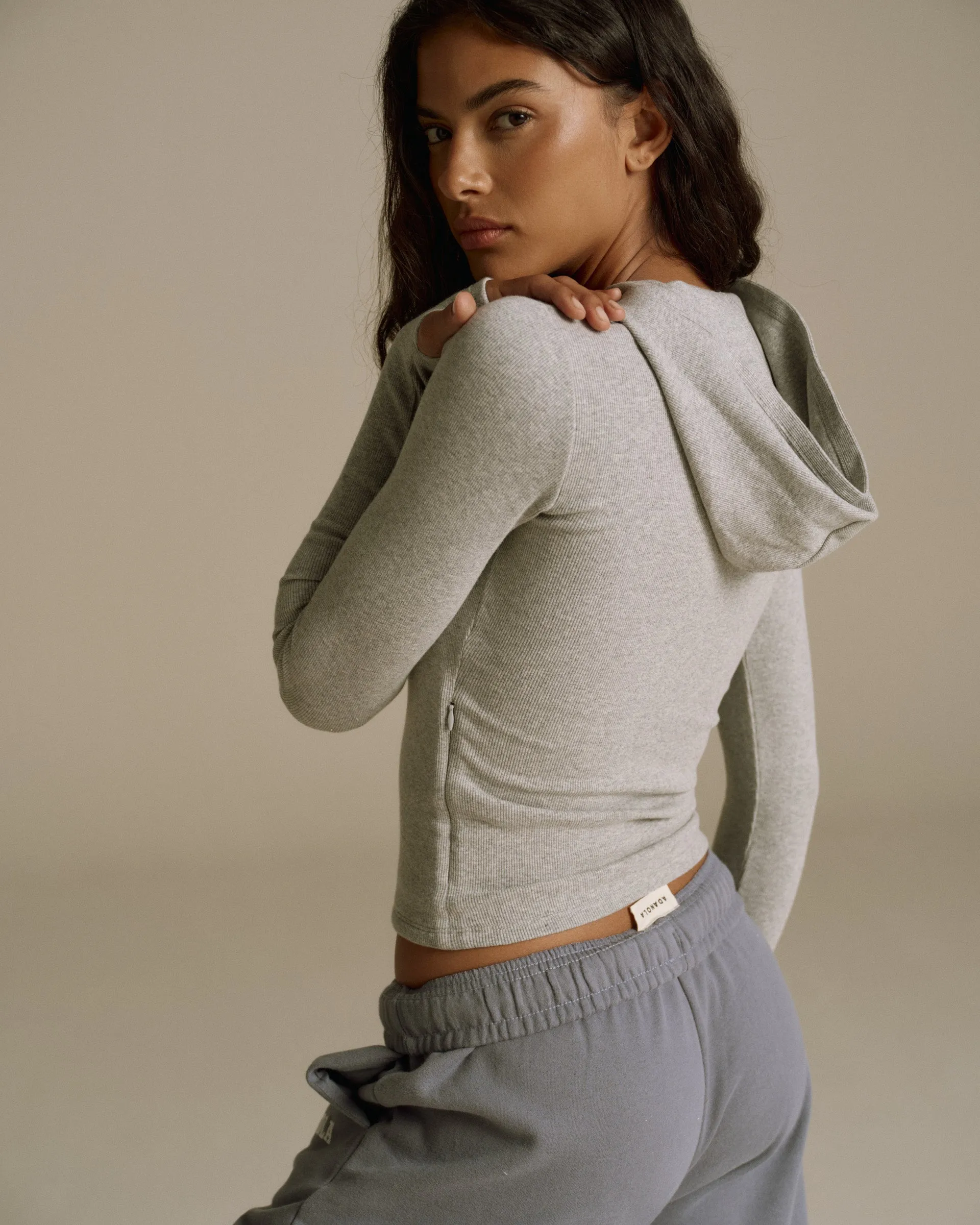 Cozy Fleece Zip Closure Rib Full Zip Hoodie - Light Grey Melange