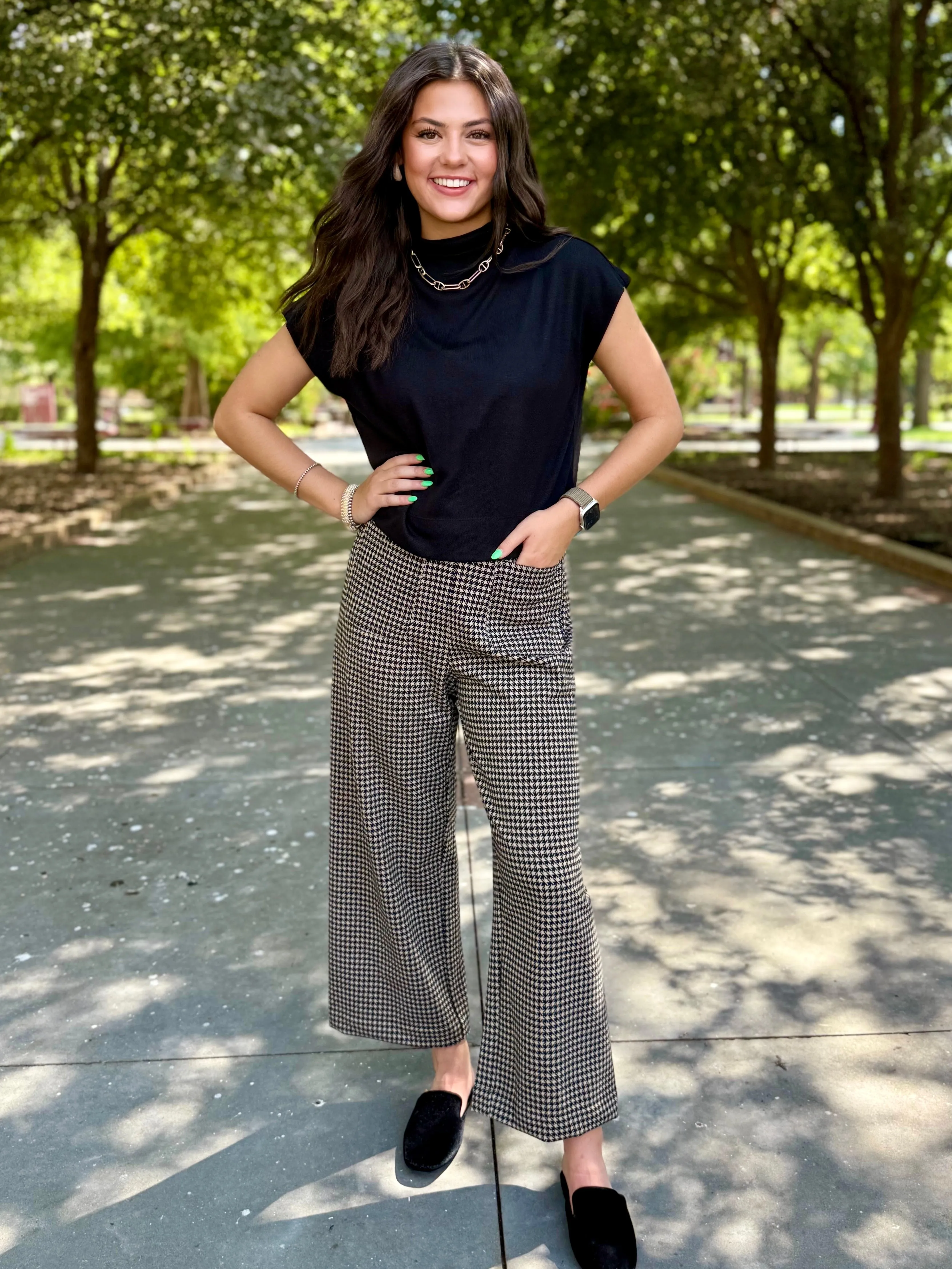 Rowan Houndstooth Cropped Wide Leg Pant Athletic Flex Wear