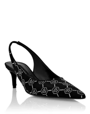 Weekend Fun Designer Platform Shoes Satin Slingback Low Heels Strass Monogram
