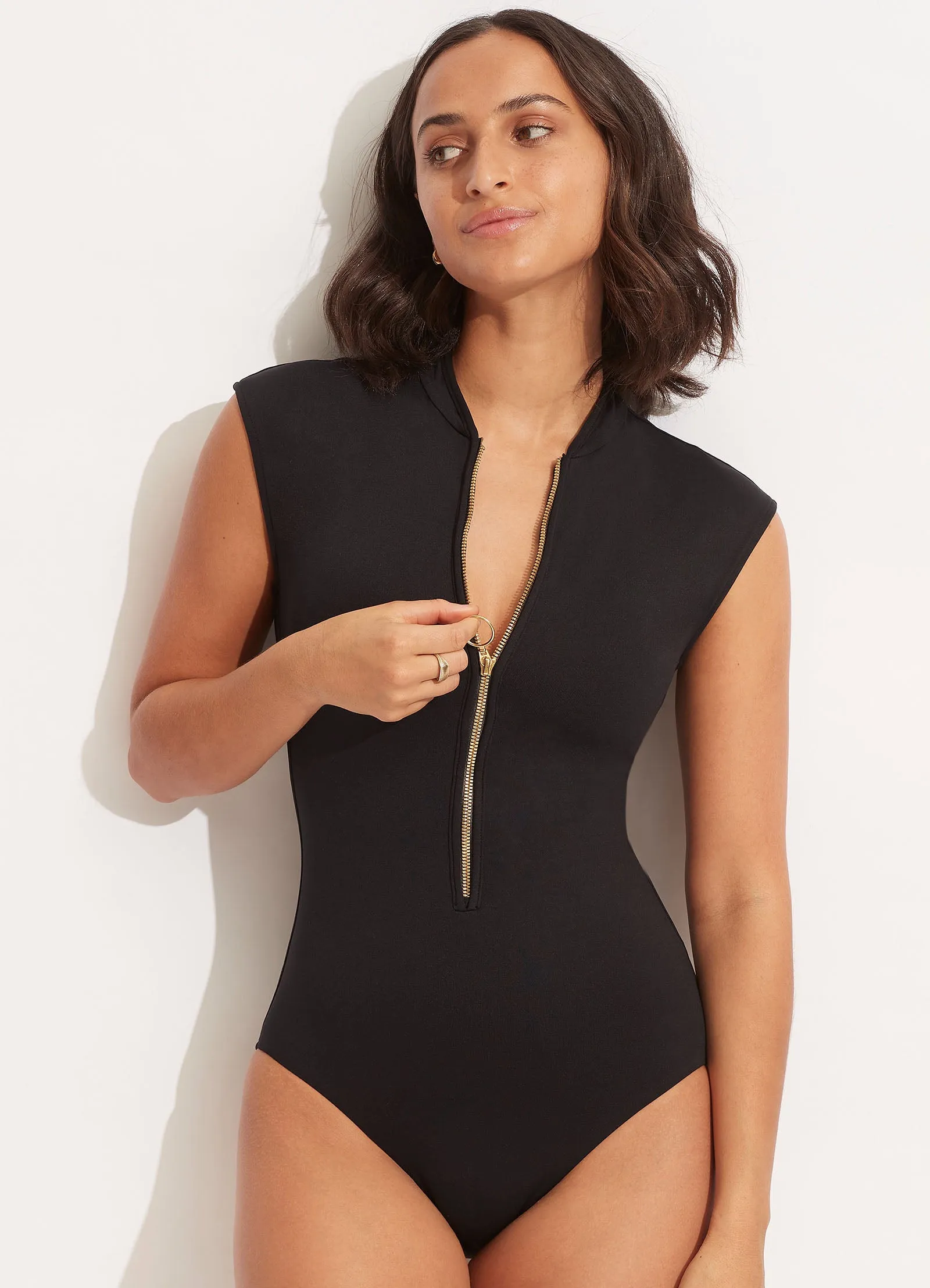 Seafolly Collective Zip Front One Piece - Black Seaside Fun
