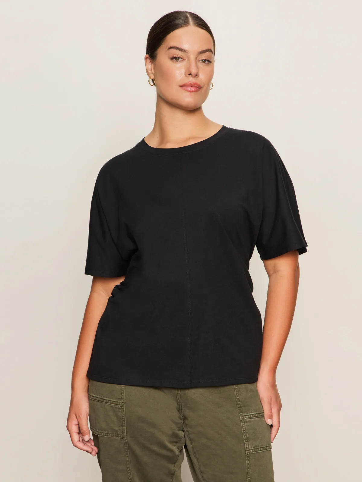 Non Irritating Tags Shirred Waist Dolman Tee Black Extended Sizing