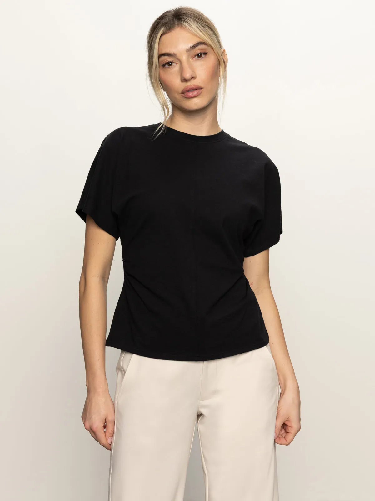 Shirred Waist Dolman Tee Black Comfy Comfort Stylish and Fun