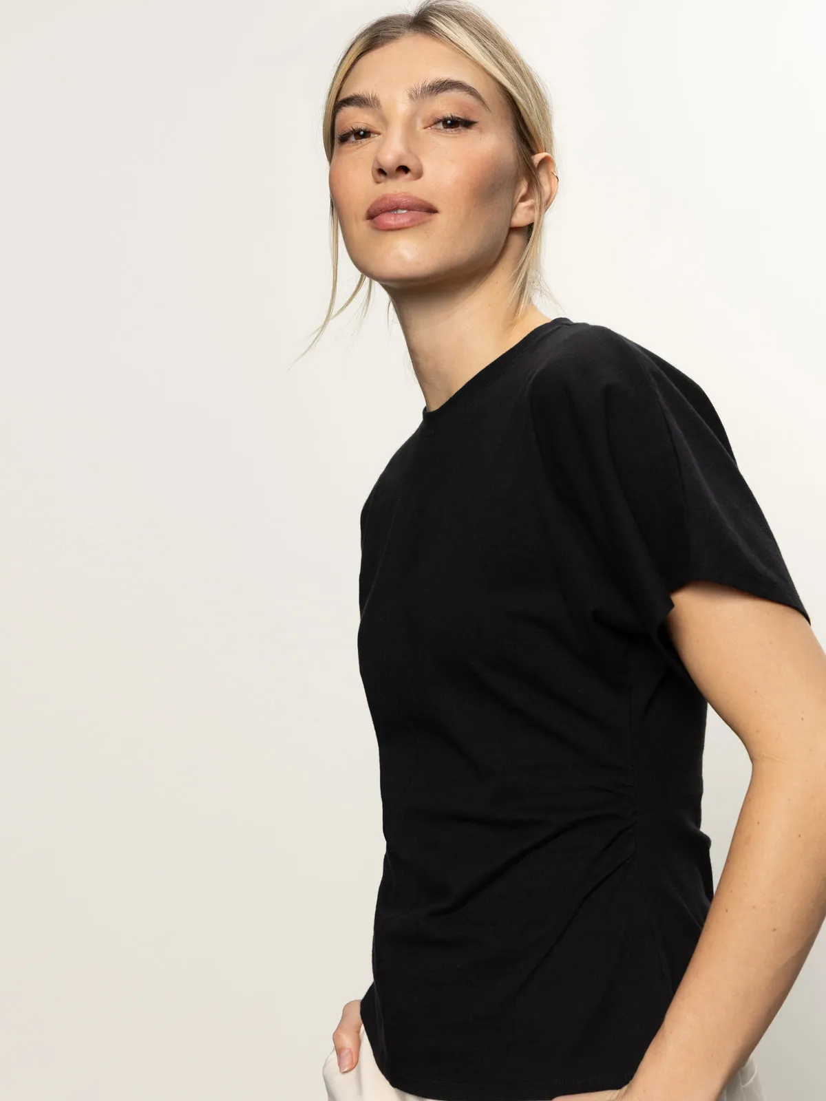 Wedding Light Fit Shirred Waist Dolman Tee Black